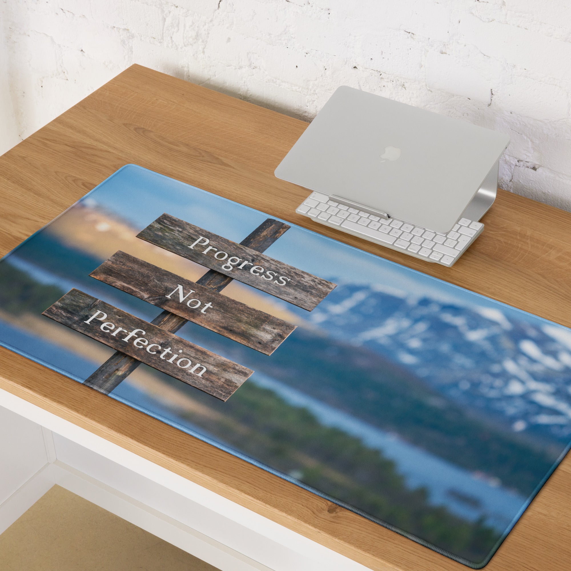 Progress Not Perfection Mouse Pad Rustic Wooden Sign Desk Brown Blue For Home Office Motivational Decor