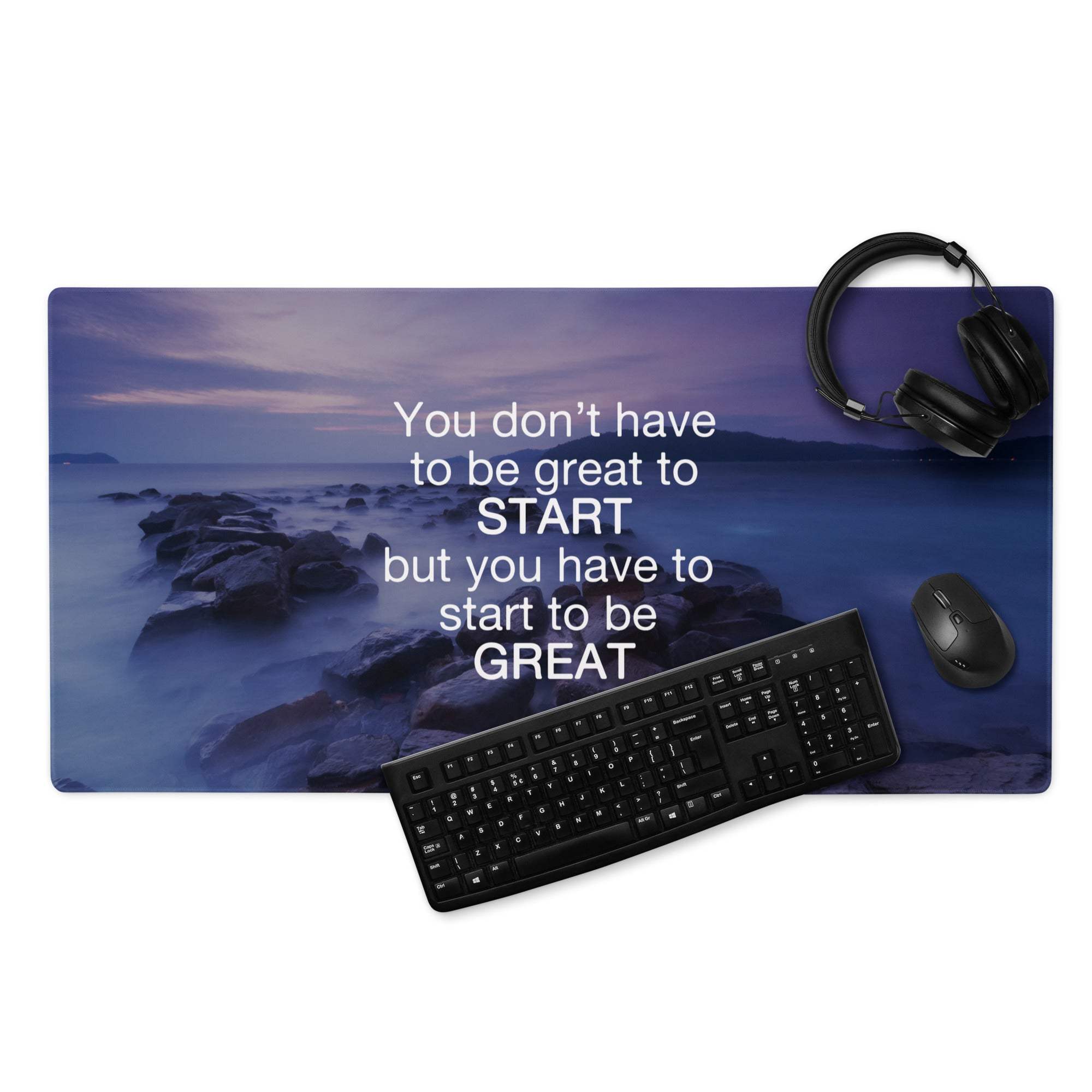 Ocean sunset motivational mouse pad with blue and purple ocean scene and white inspirational text for office use