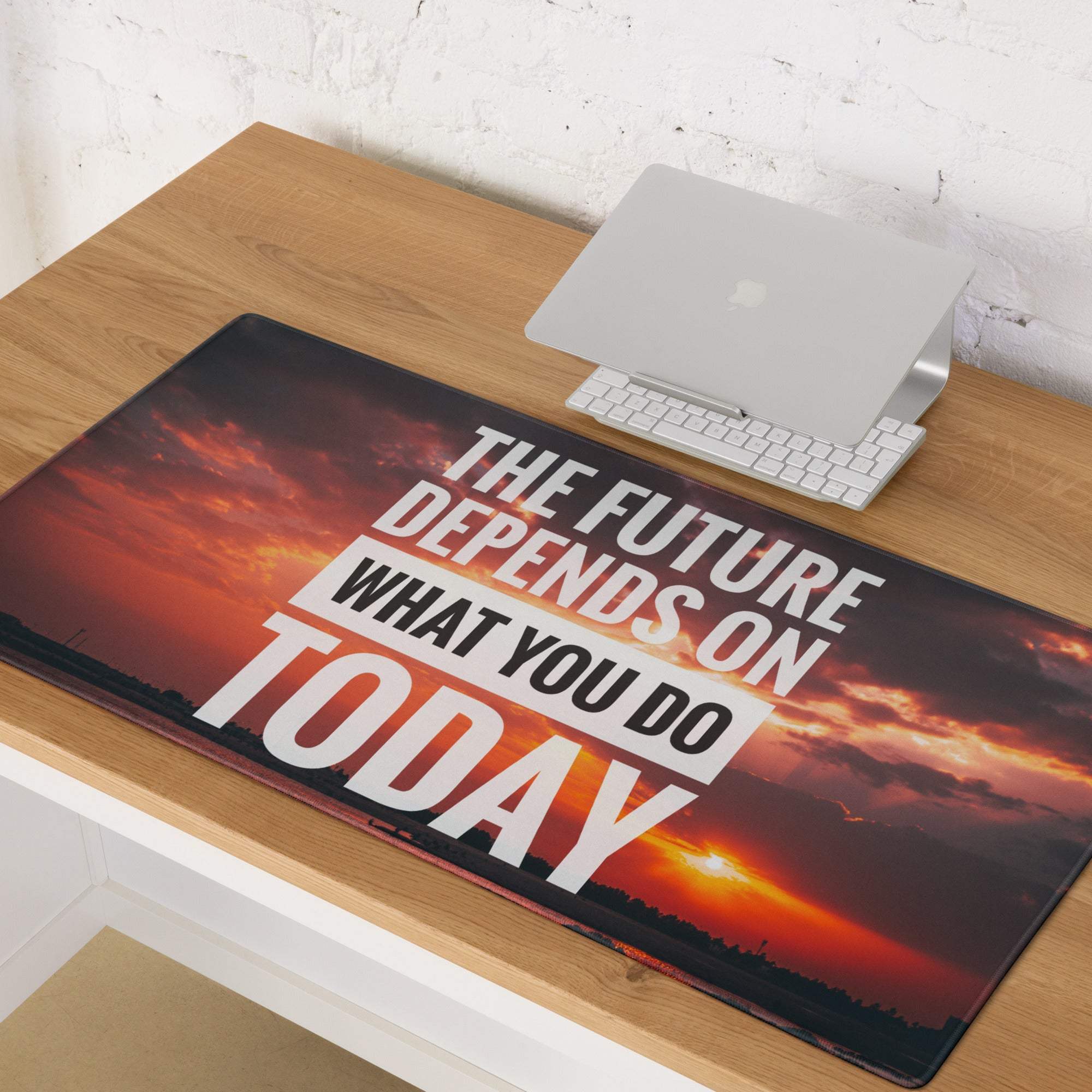 Rectangular sunset orange purple mouse pad with bold white motivational quote printed on vibrant sky design