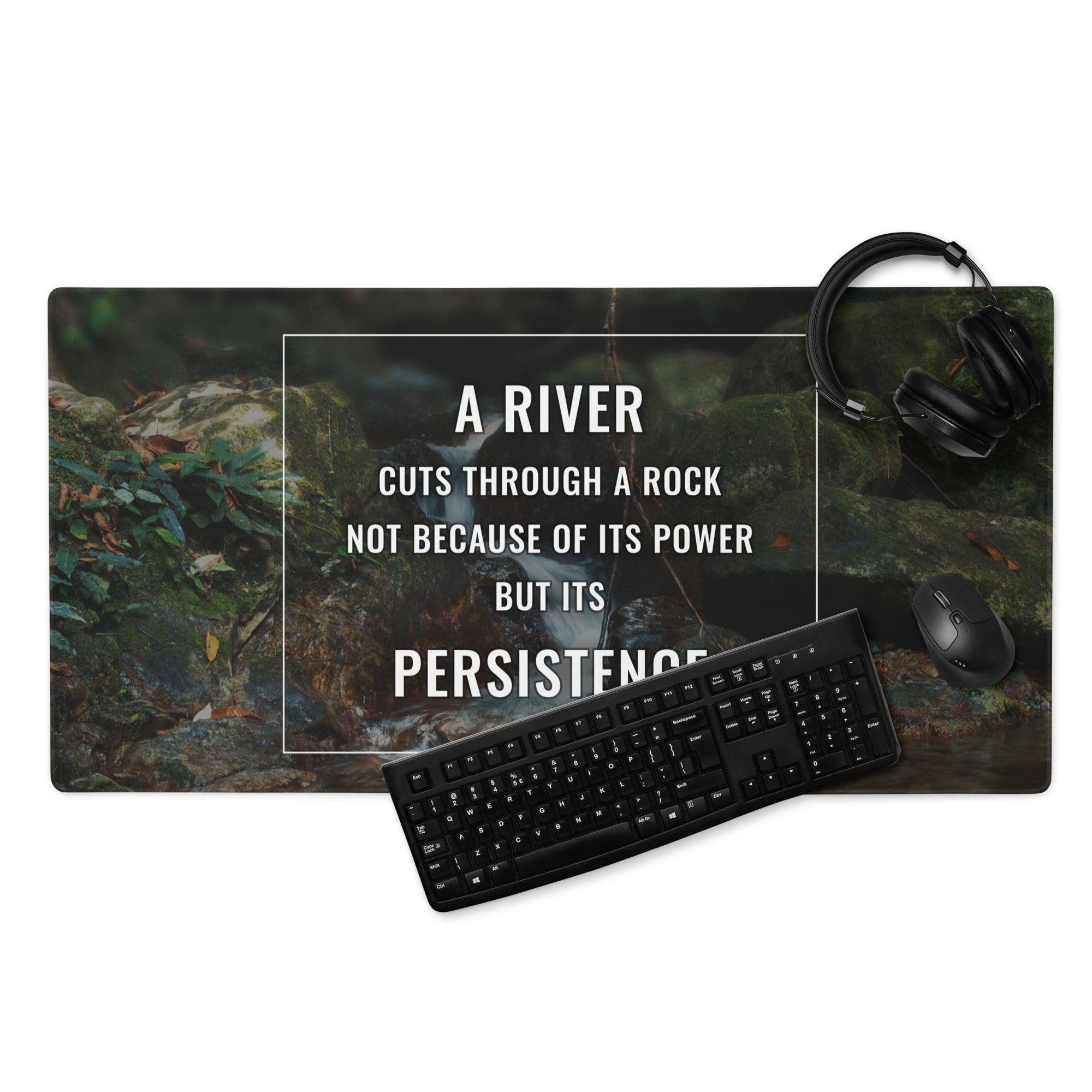 River Landscape Motivational Mouse Pad in Forest Greens for Desk Office with Modern Typography