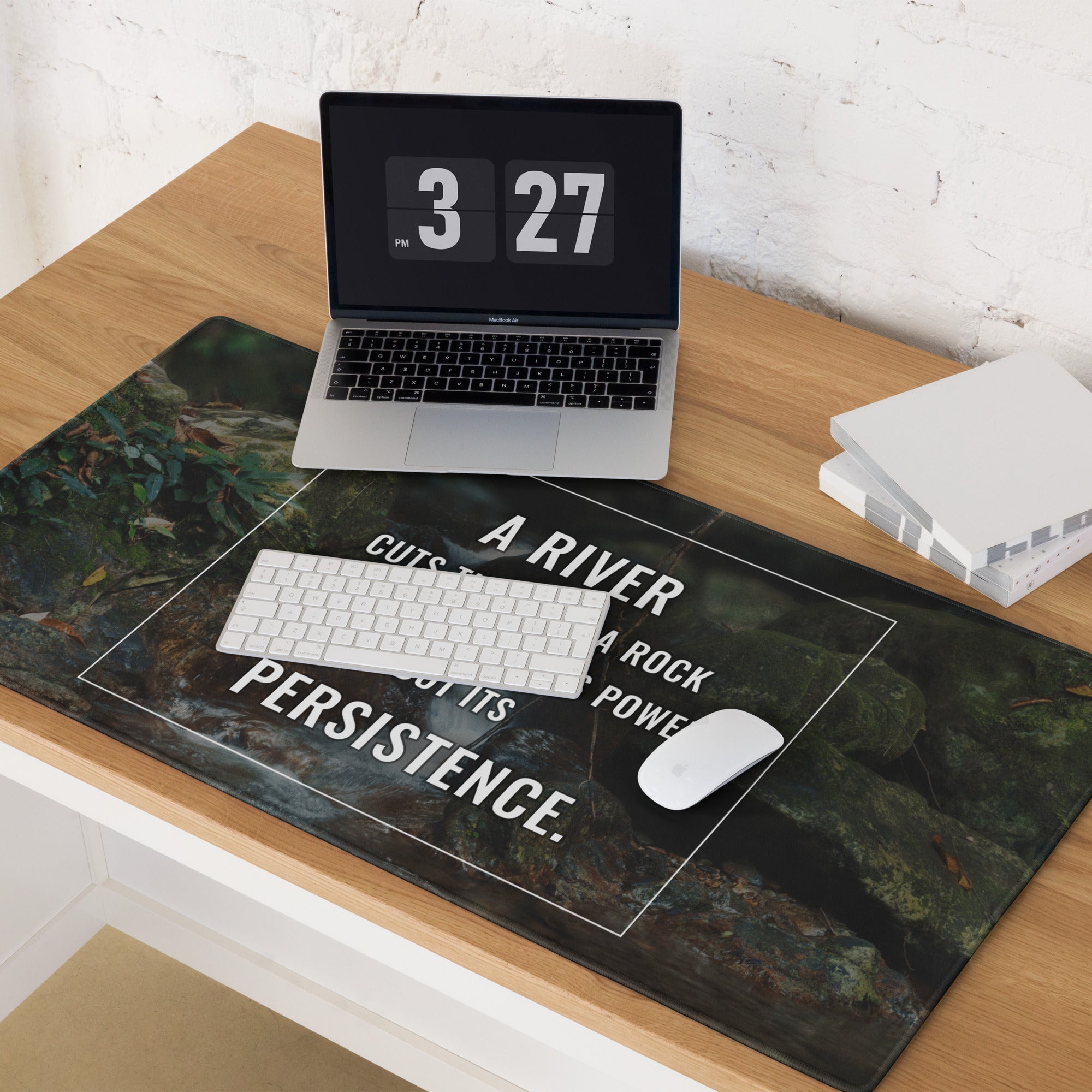 River Landscape Motivational Mouse Pad in Forest Greens for Desk Office with Modern Typography