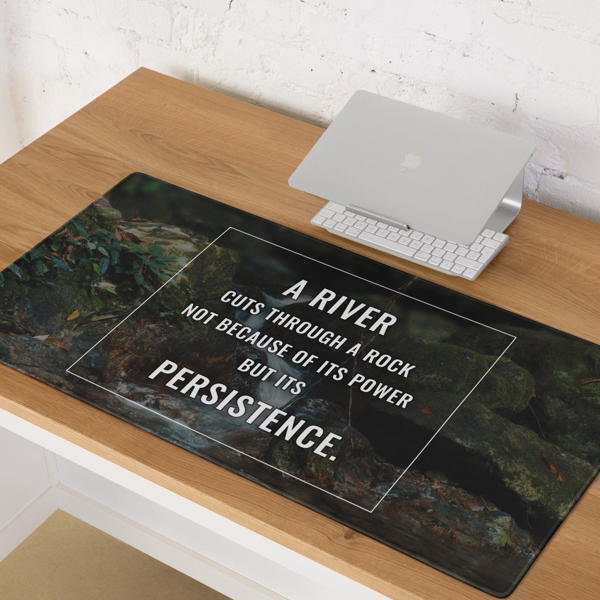 River Landscape Motivational Mouse Pad in Forest Greens for Desk Office with Modern Typography