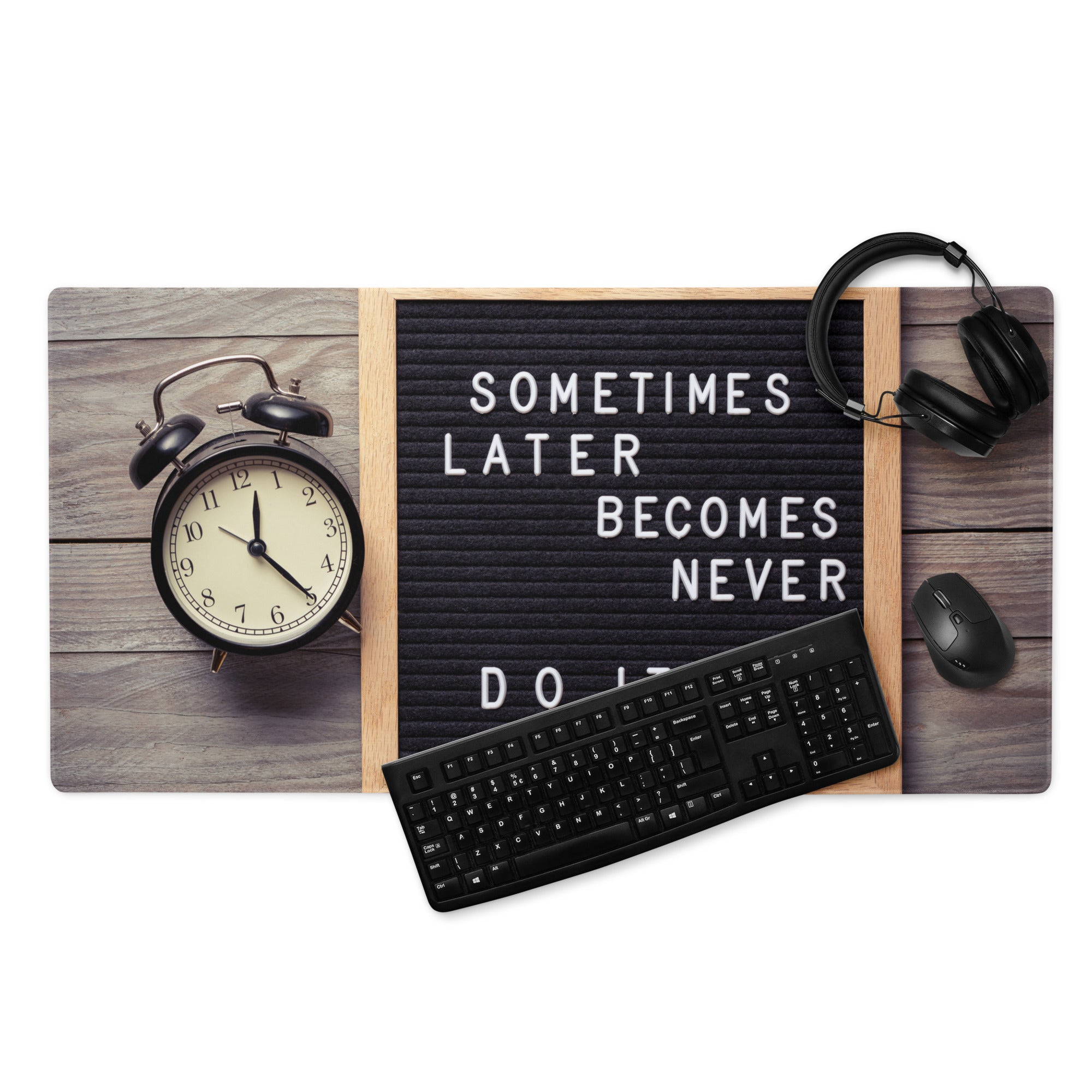 Motivational Mouse Pad With Letter Board Design In Black Surface And Natural Wood Frame For Desk Office Decor