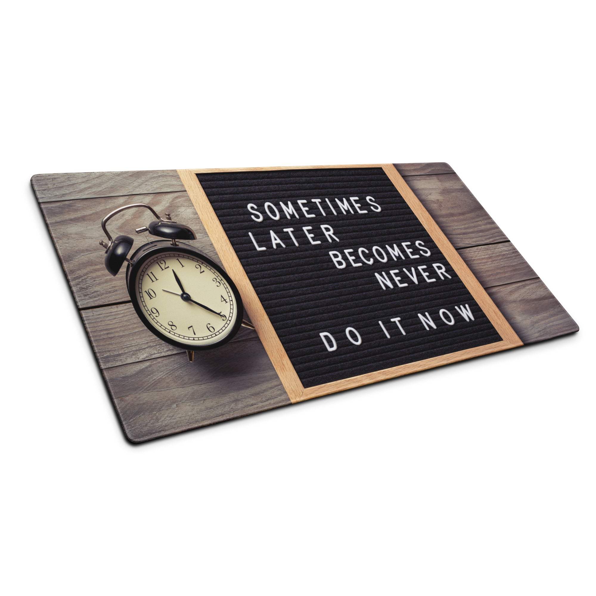 Wooden-framed black letterboard desk pad with white motivational letters and vintage alarm clock for office use