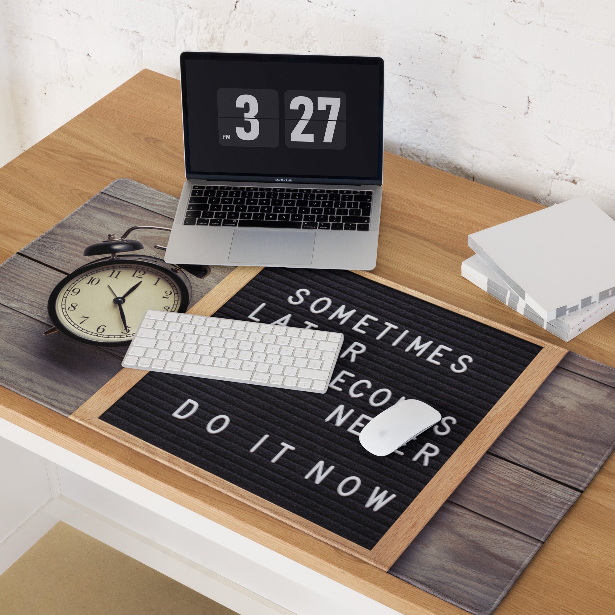Motivational Mouse Pad With Letter Board Design In Black Surface And Natural Wood Frame For Desk Office Decor
