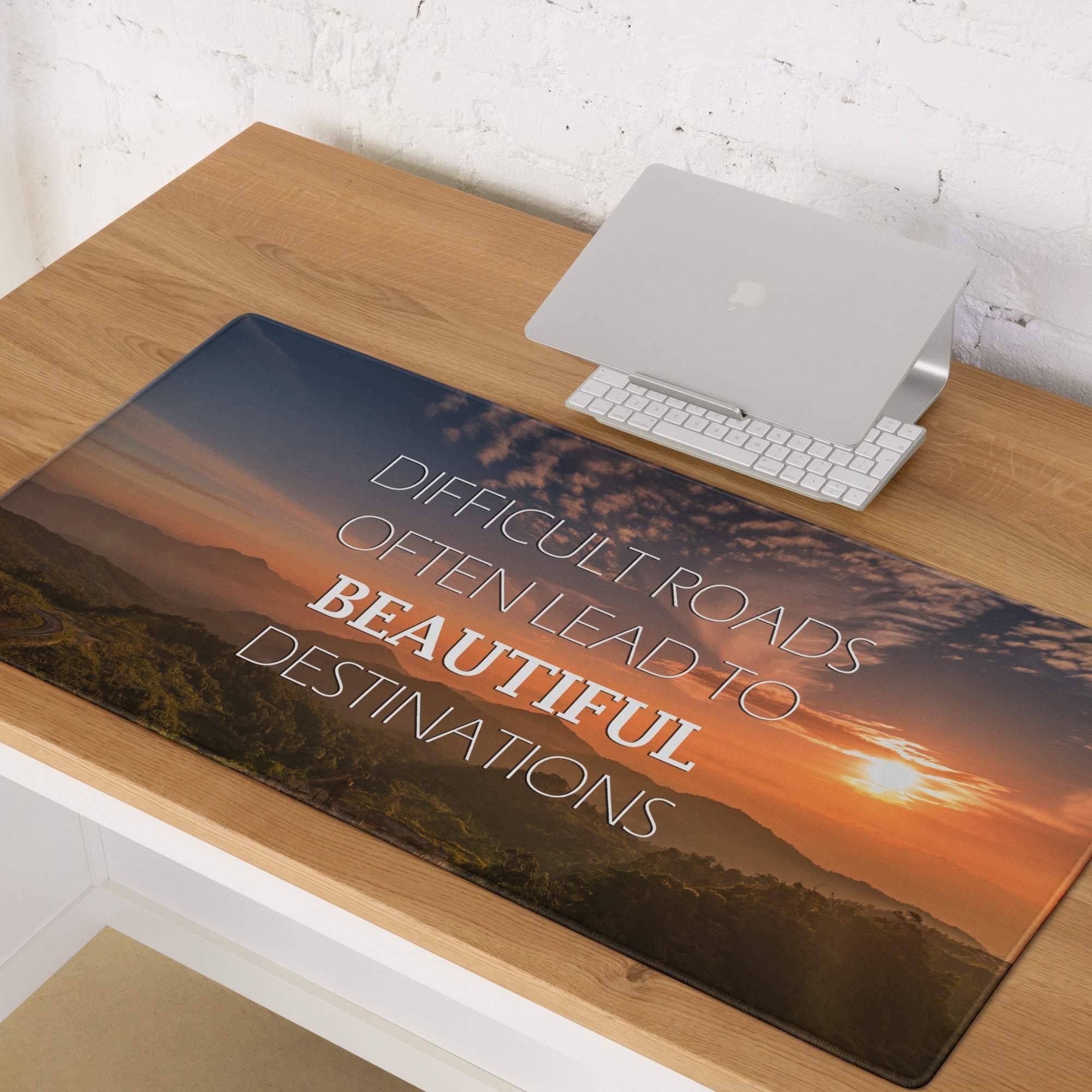 Sunset motivational mouse pad transparent polyester with scenic mountain sunset and white inspirational text for office use