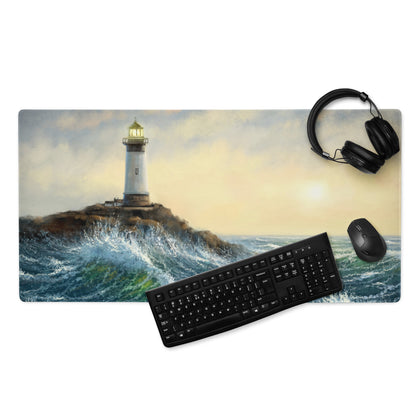 Coastal Lighthouse Sunset Pad - Lighthouse Ocean Blues Gold Impressionist Desk Calm Desk Mat Oil