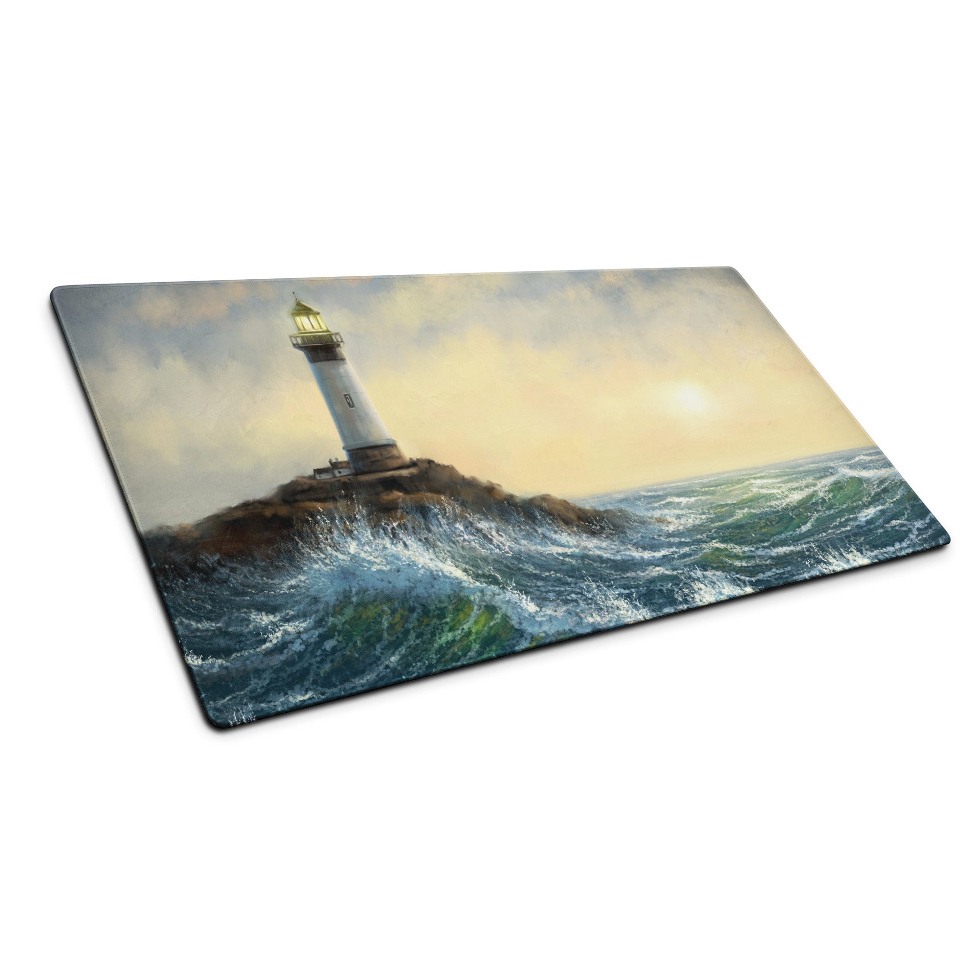 Coastal Lighthouse Sunset Pad - Lighthouse Ocean Blues Gold Impressionist Desk Calm Desk Mat Oil