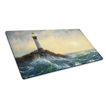 Coastal Lighthouse Sunset Pad - Lighthouse Ocean Blues Gold Impressionist Desk Calm Desk Mat Oil