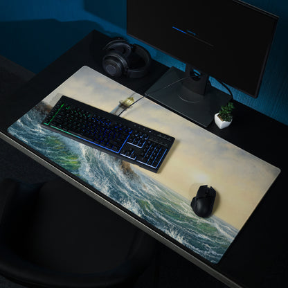 Coastal Lighthouse Sunset Pad - Lighthouse Ocean Blues Gold Impressionist Desk Calm Desk Mat Oil