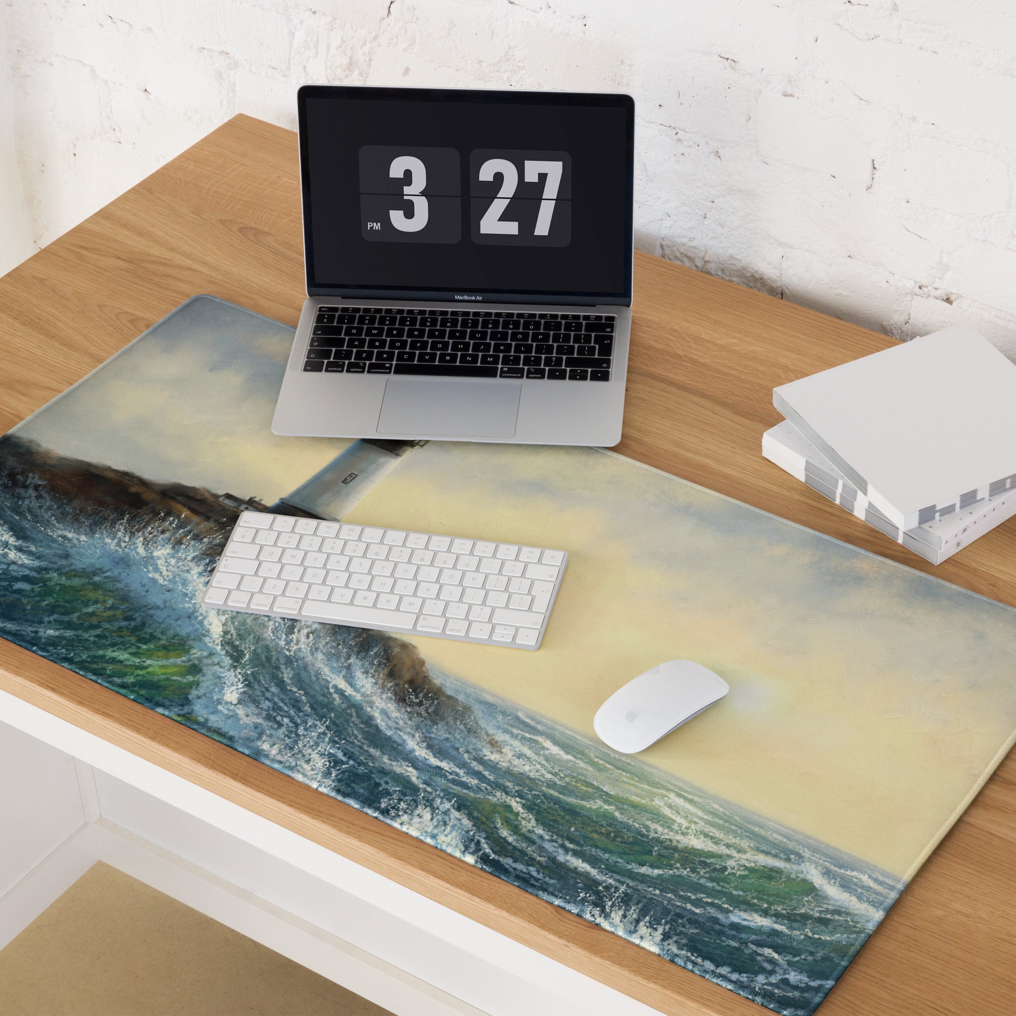 Coastal Lighthouse Sunset Pad - Lighthouse Ocean Blues Gold Impressionist Desk Calm Desk Mat Oil