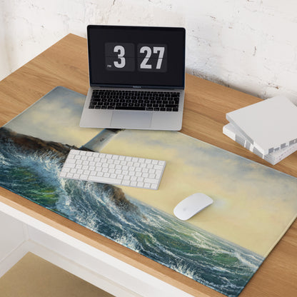 Coastal Lighthouse Sunset Pad - Lighthouse Ocean Blues Gold Impressionist Desk Calm Desk Mat Oil