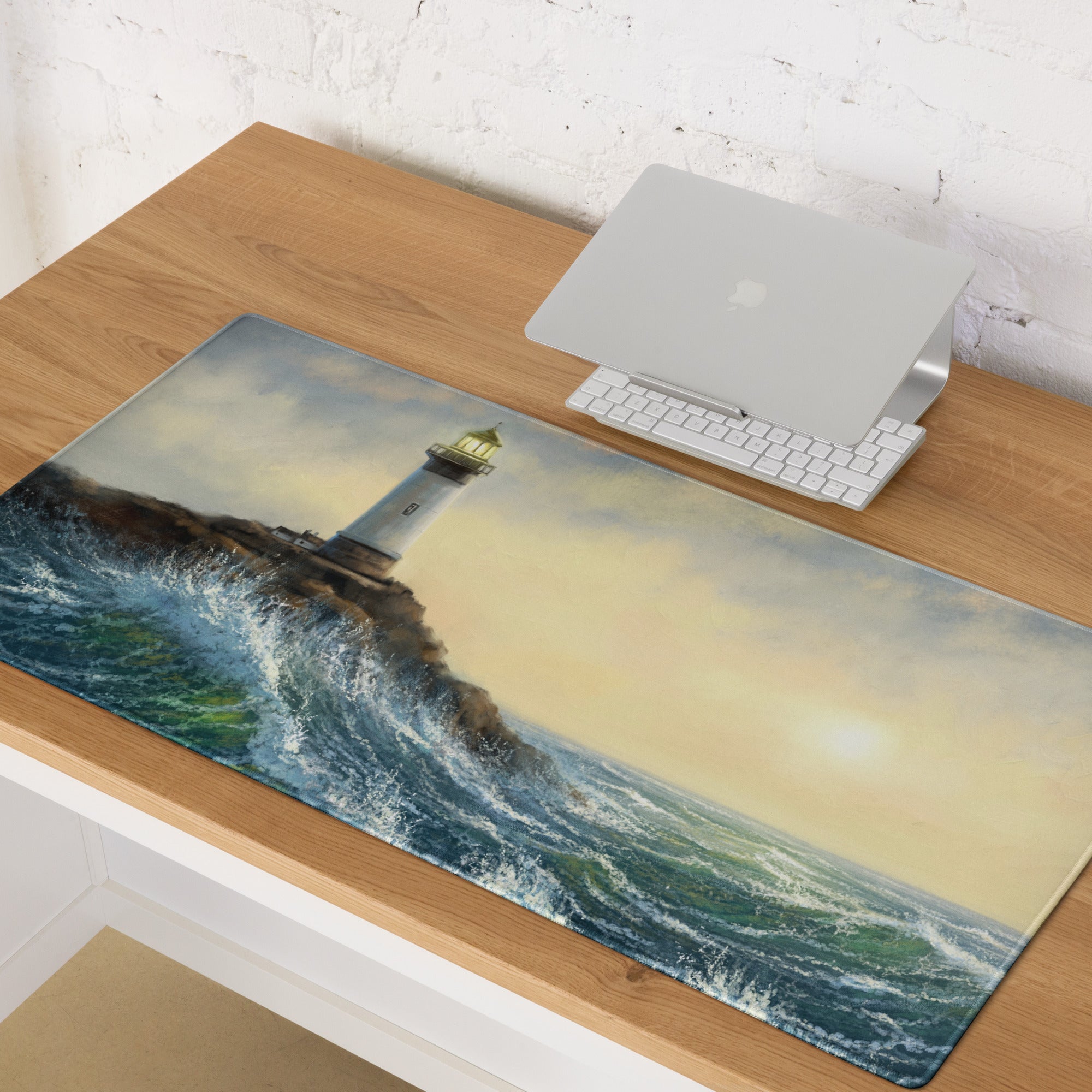 Coastal Lighthouse Sunset Pad - Lighthouse Ocean Blues Gold Impressionist Desk Calm Desk Mat Oil