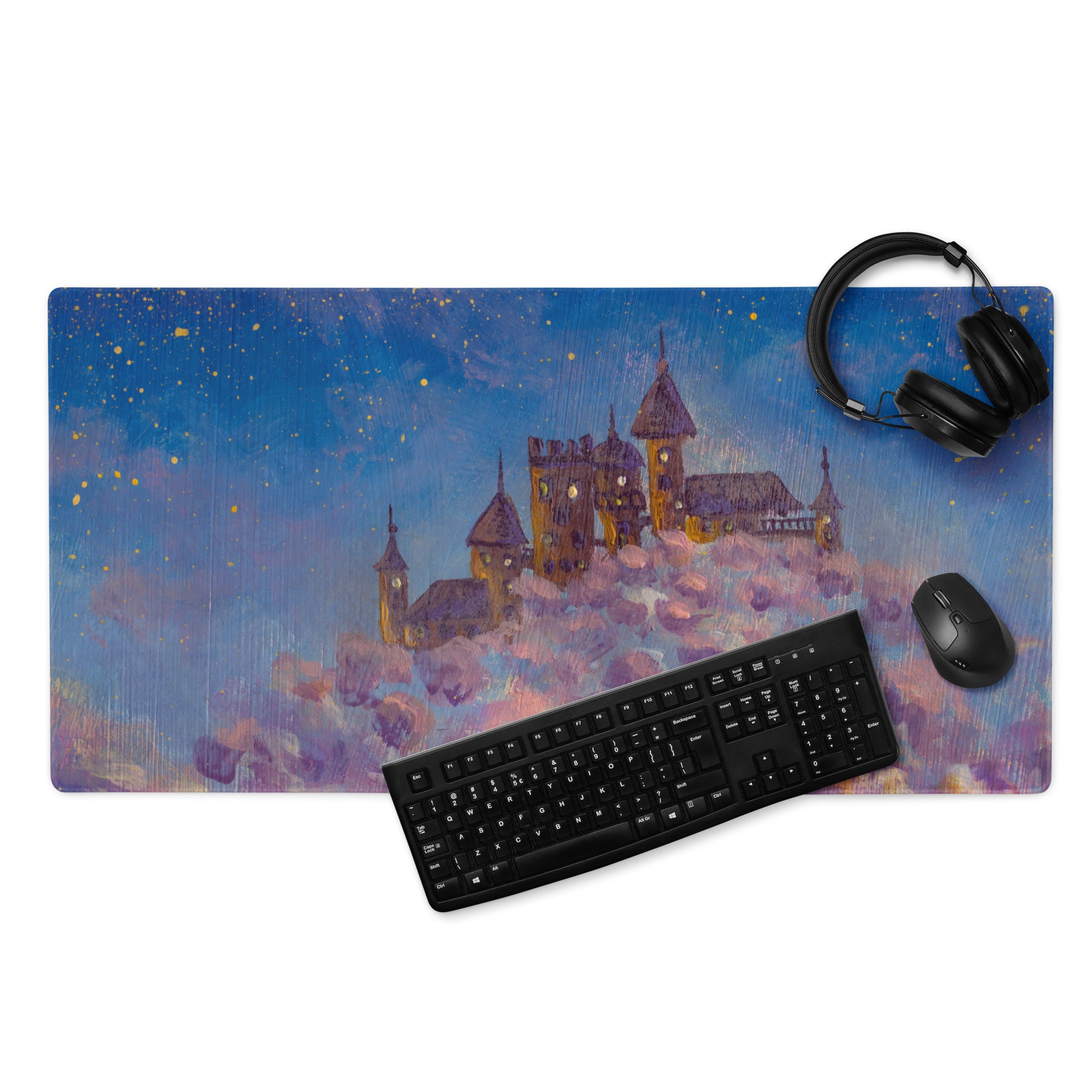 Nightfall Castle Art Mouse Pad - Castle Night Sky Blue Desk Pad Watercolor Dreamy Whimsical Decor Style Niche PC Gaming