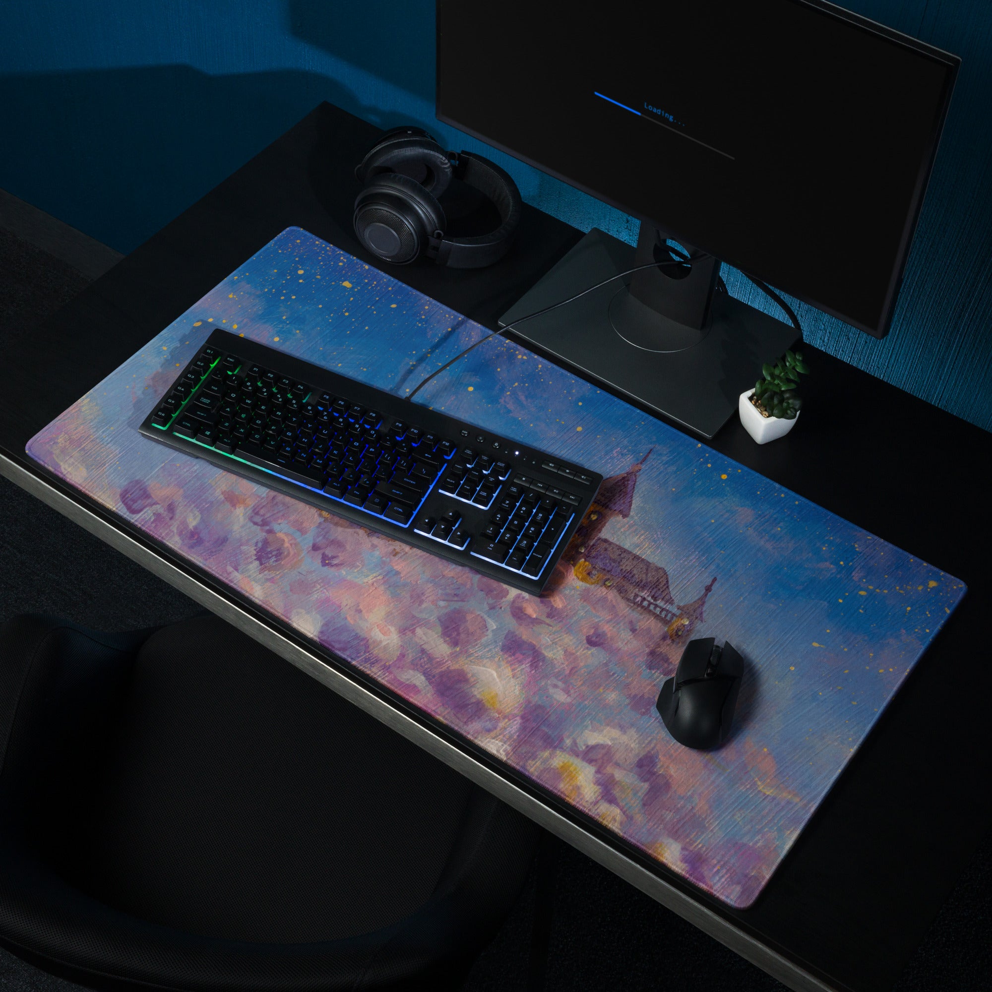 Nightfall Castle Art Mouse Pad - Castle Night Sky Blue Desk Pad Watercolor Dreamy Whimsical Decor Style Niche PC Gaming