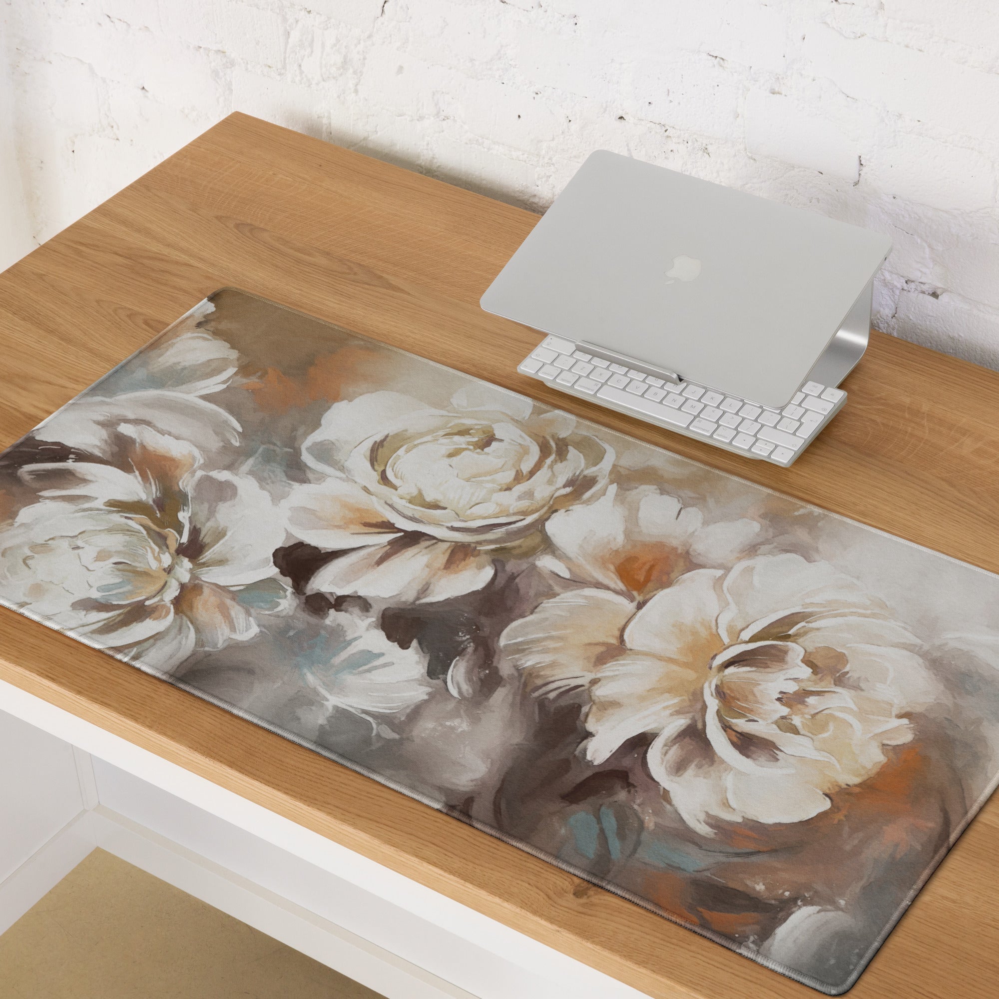 Floral Rose Desk Pad - Floral Desk Pad Peach Ivory Home Office Watercolor Soft Romantic Mood Modern Chic Decor Gamers
