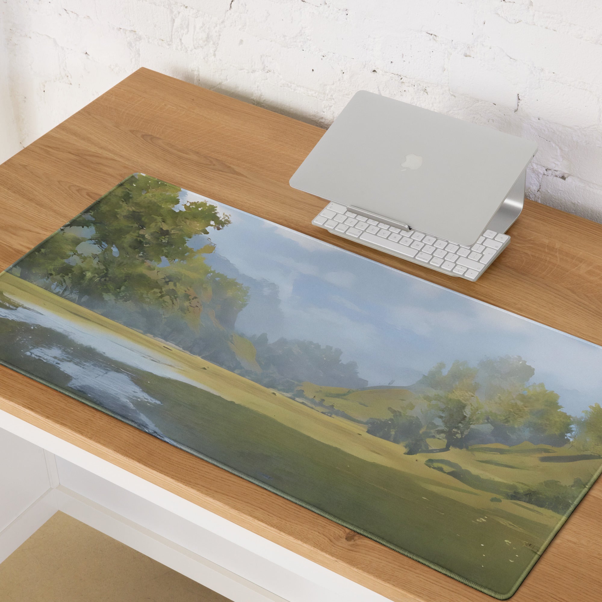 Nature Vista Landscape Mouse Pad - Landscape Painting Green Blue Tones Desk Decor Impressionist Style Mood Calm Serene Modern Minimalist Office Gaming Desk Accessory Oil Painting Look