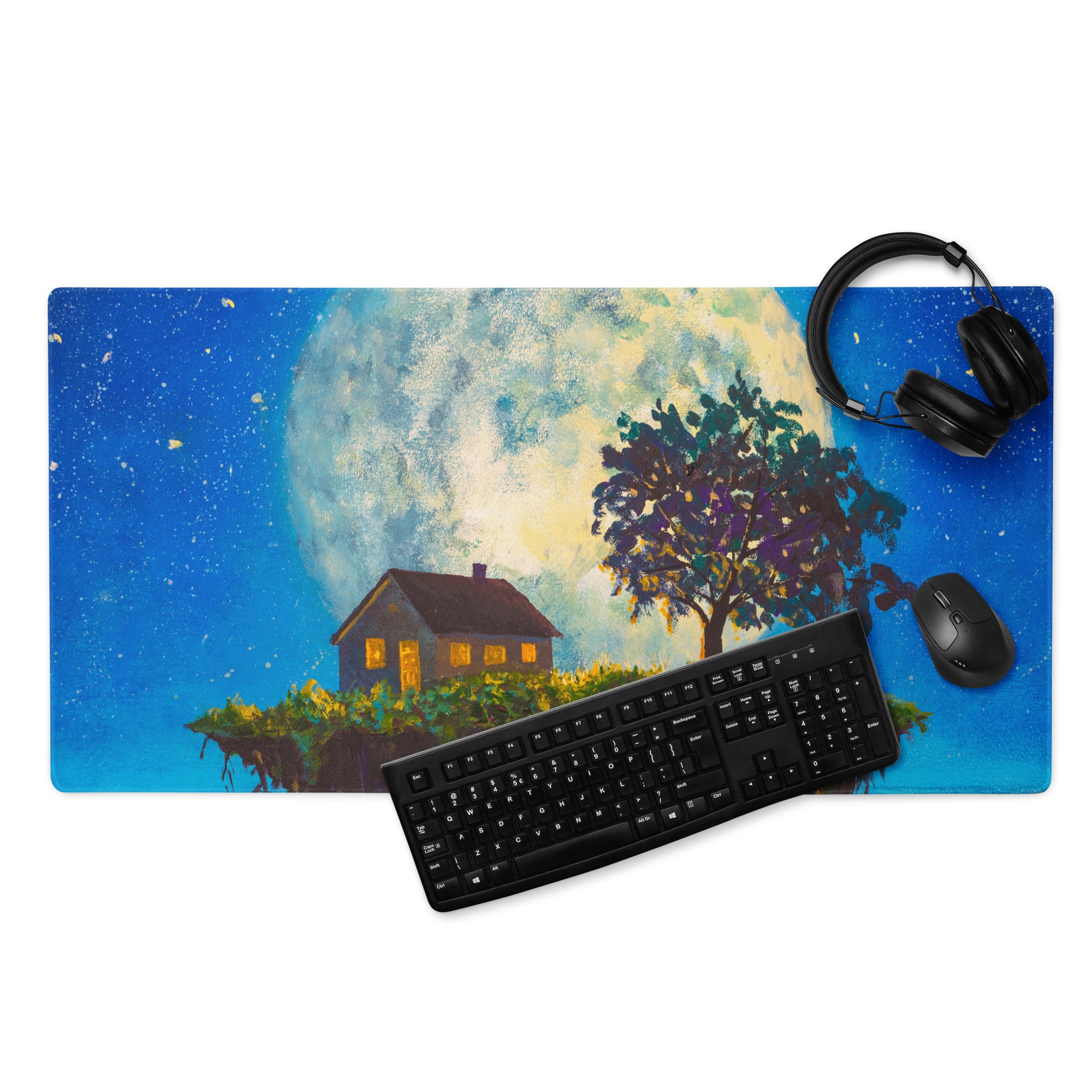 Moonlit Landscape Night Desk Pad - Moonlit Landscape Blue Night Sky Office Impressionist Dreamy Vintage Desk Oil