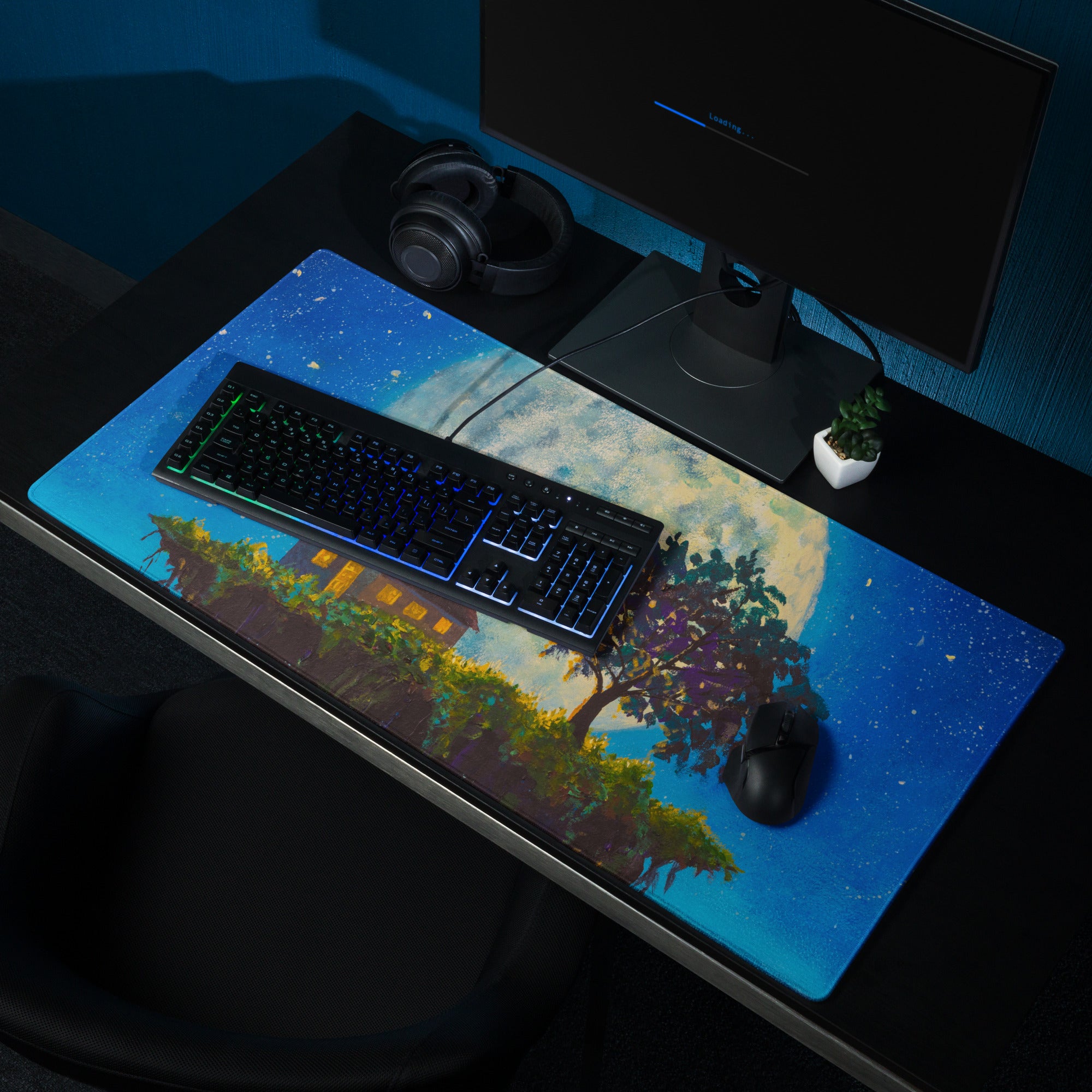 Moonlit Landscape Night Desk Pad - Moonlit Landscape Blue Night Sky Office Impressionist Dreamy Vintage Desk Oil