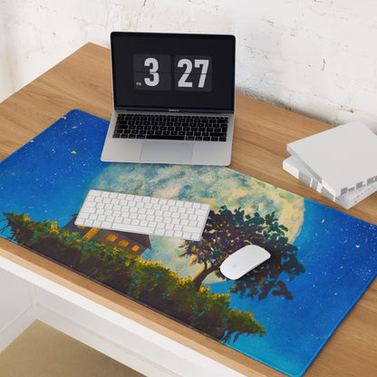 Moonlit Landscape Night Desk Pad - Moonlit Landscape Blue Night Sky Office Impressionist Dreamy Vintage Desk Oil