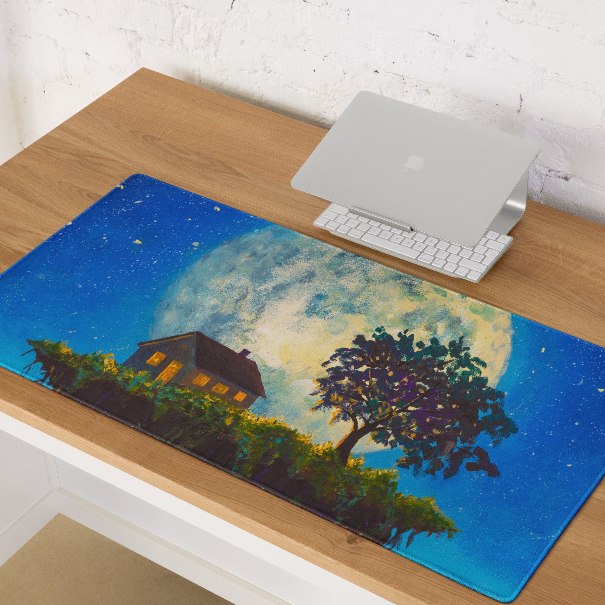 Moonlit Landscape Night Desk Pad - Moonlit Landscape Blue Night Sky Office Impressionist Dreamy Vintage Desk Oil