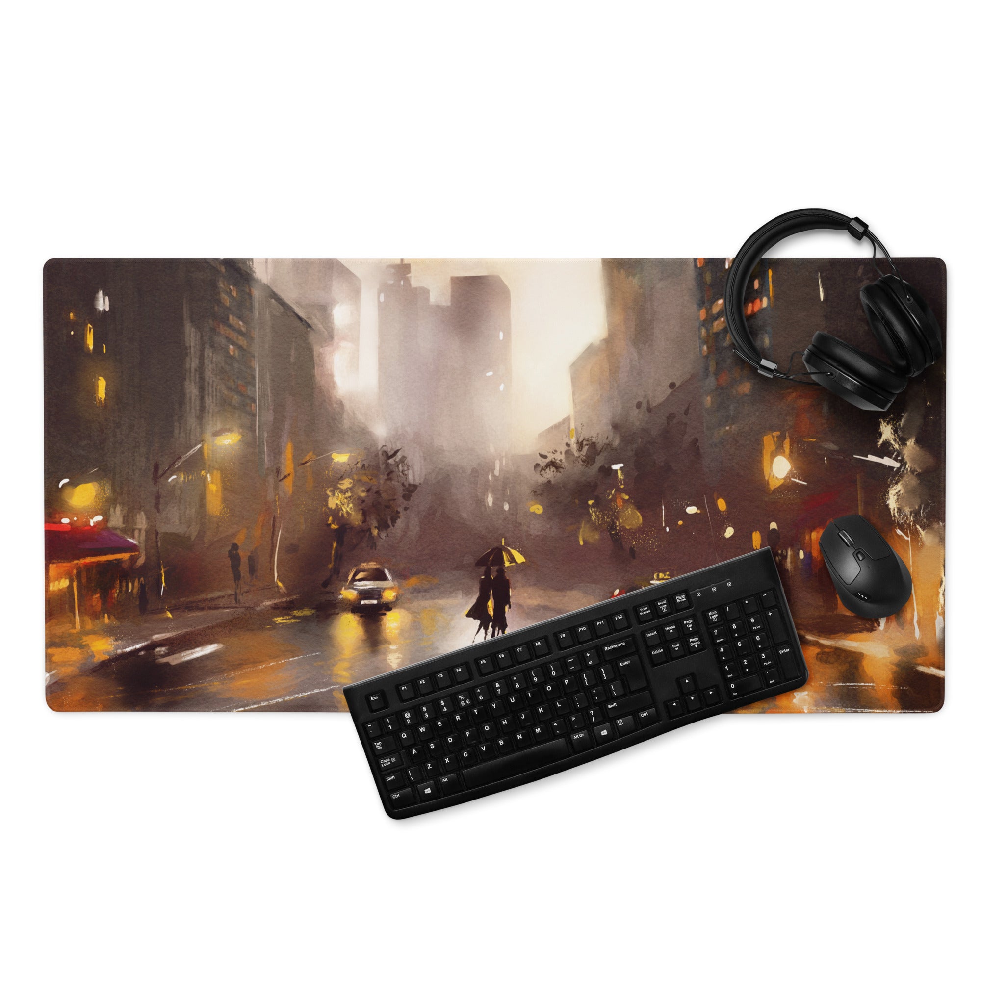 Urban Rain Cityscape Mouse Pad - City Street Blue Amber Neon Gaming Moody Urban Modern Digital Painting