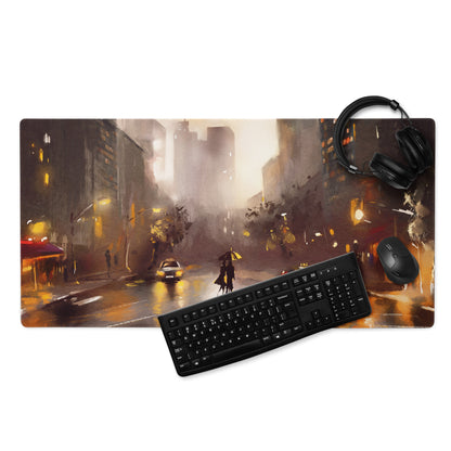 Urban Rain Cityscape Mouse Pad - City Street Blue Amber Neon Gaming Moody Urban Modern Digital Painting