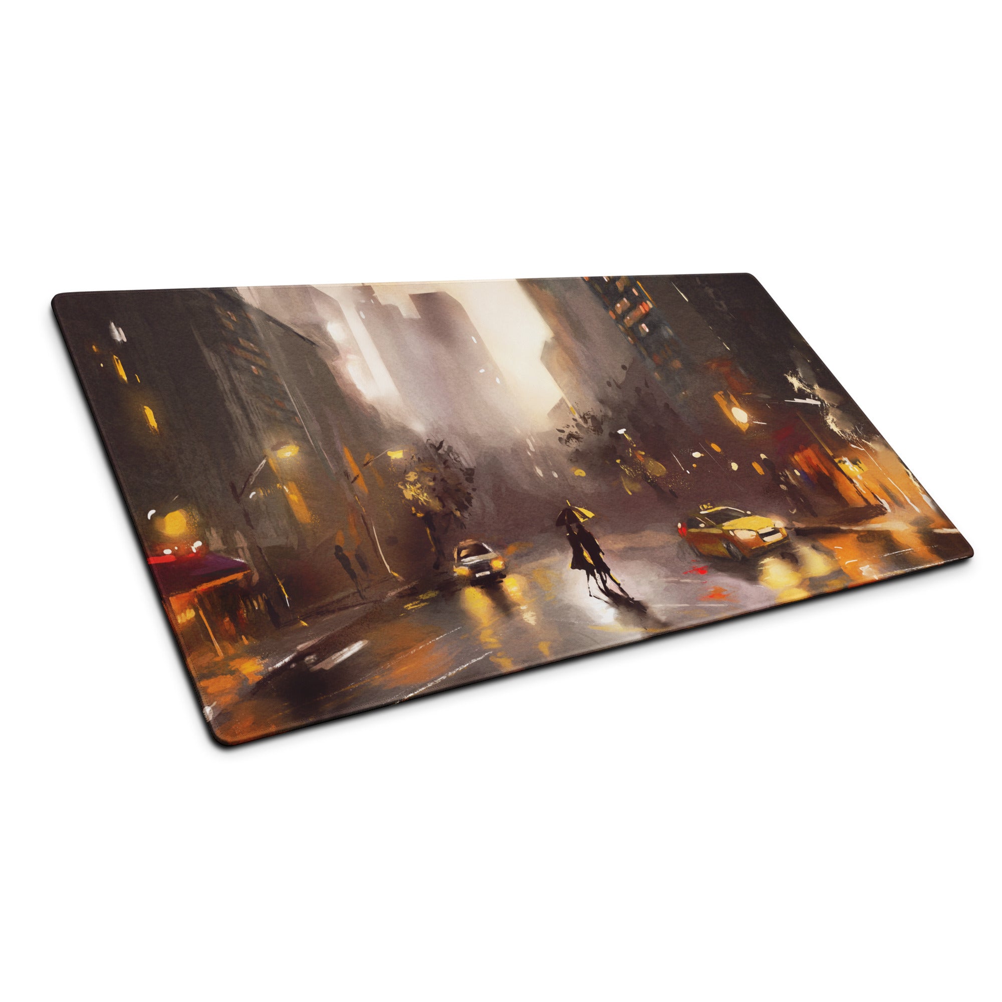Urban Rain Cityscape Mouse Pad - City Street Blue Amber Neon Gaming Moody Urban Modern Digital Painting
