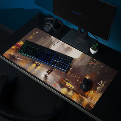 Urban Rain Cityscape Mouse Pad - City Street Blue Amber Neon Gaming Moody Urban Modern Digital Painting