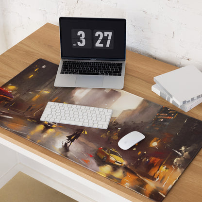 Urban Rain Cityscape Mouse Pad - City Street Blue Amber Neon Gaming Moody Urban Modern Digital Painting
