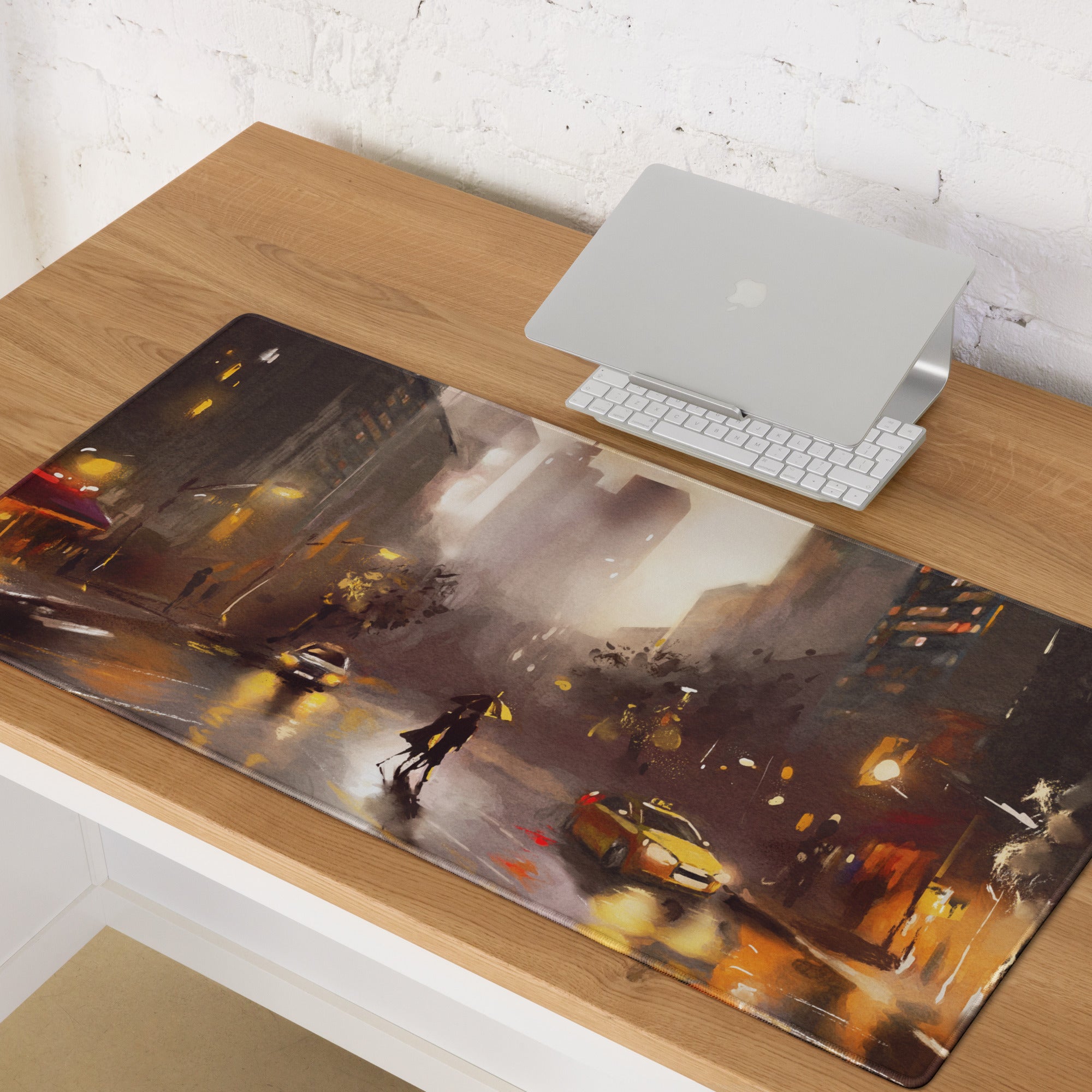 Urban Rain Cityscape Mouse Pad - City Street Blue Amber Neon Gaming Moody Urban Modern Digital Painting