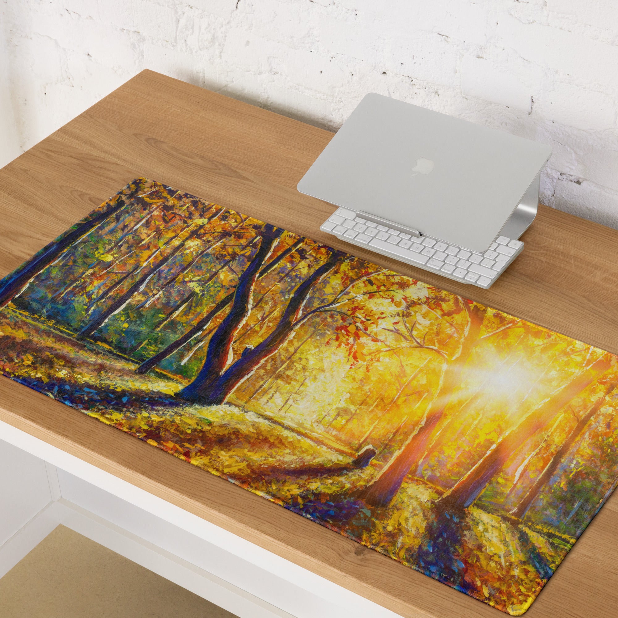 Autumn Forest Glow Mouse Pad - Forest Scene Autumn Ambers Impressionist Style Calm Mood Cozy Decor Digital Painting