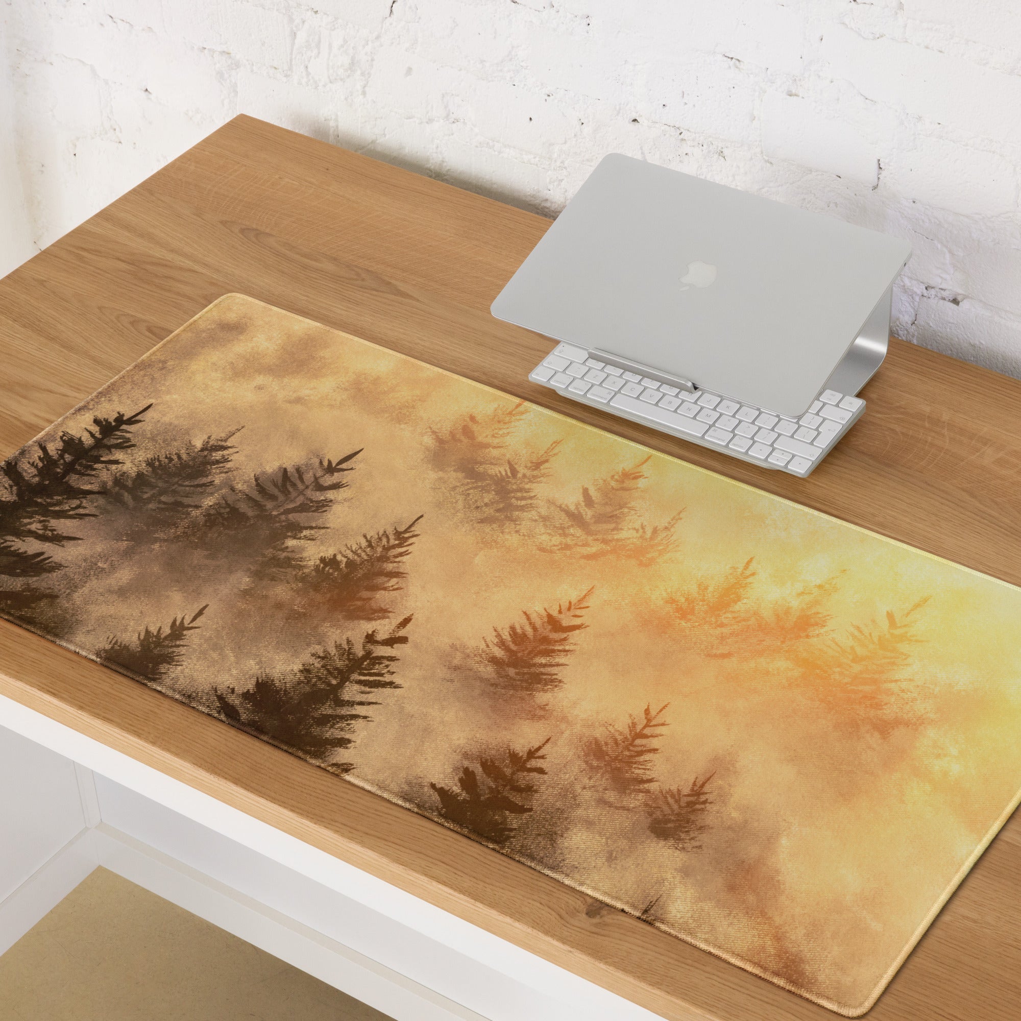 Forest Silhouette Sepia Desk Pad - Forest Silhouette Sepia Desk Pad Minimalist Cozy Vintage Rustic Gaming Illustration