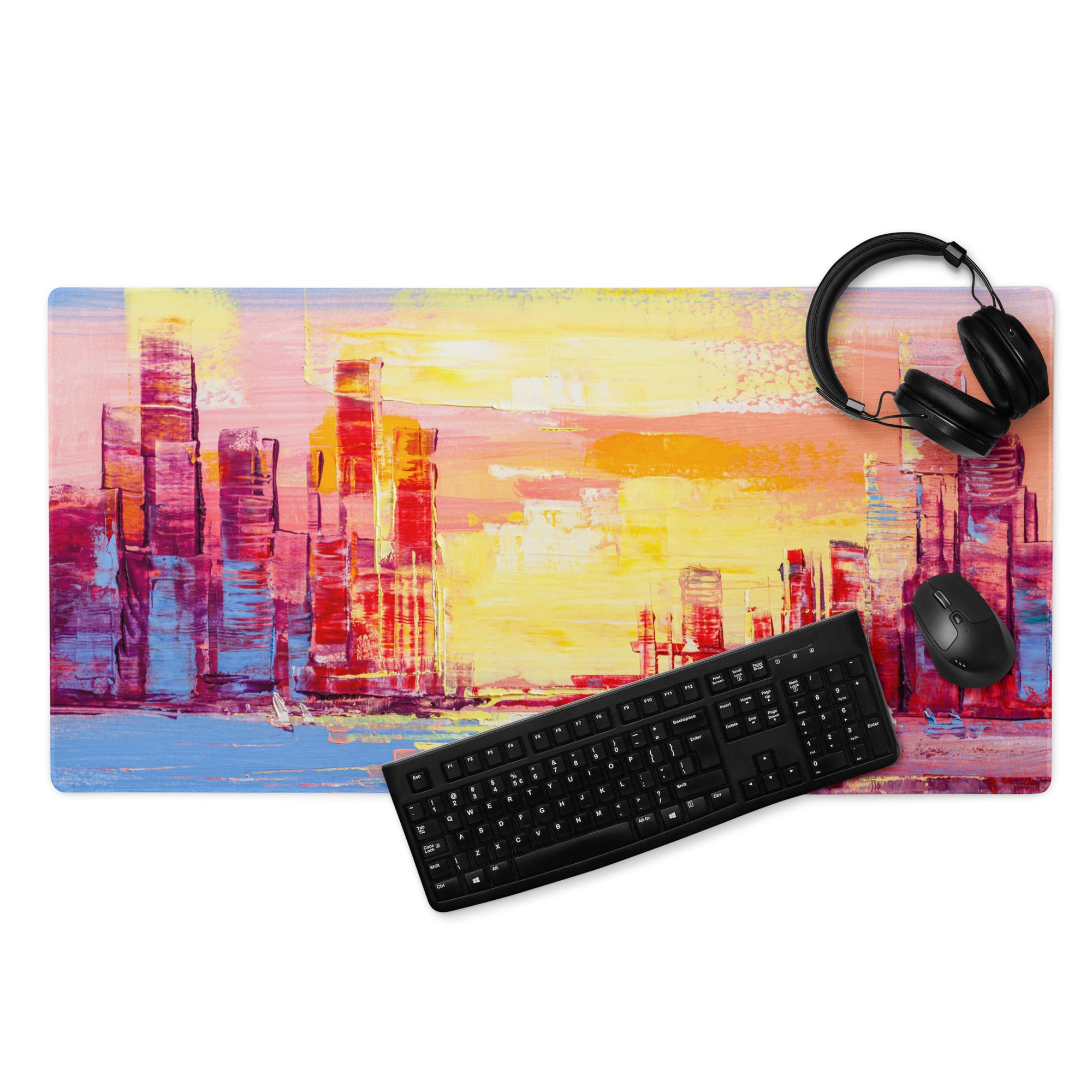 Sunset Cityscape Abstract Mouse Pad - Cityscape Pink Yellow Desk Abstract Mood Vibrant Sunset, Modern Decor, Acrylic