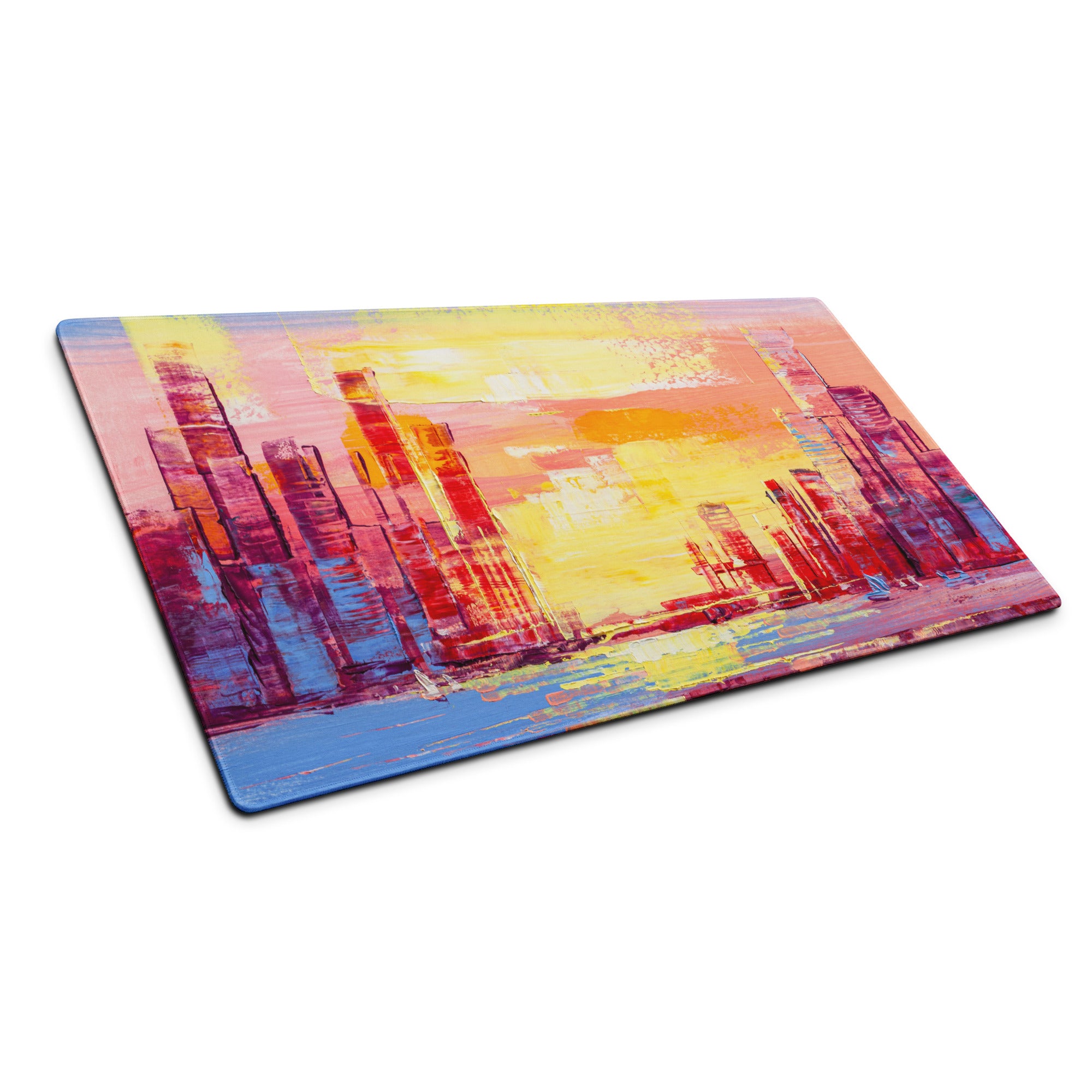Sunset Cityscape Abstract Mouse Pad - Cityscape Pink Yellow Desk Abstract Mood Vibrant Sunset, Modern Decor, Acrylic