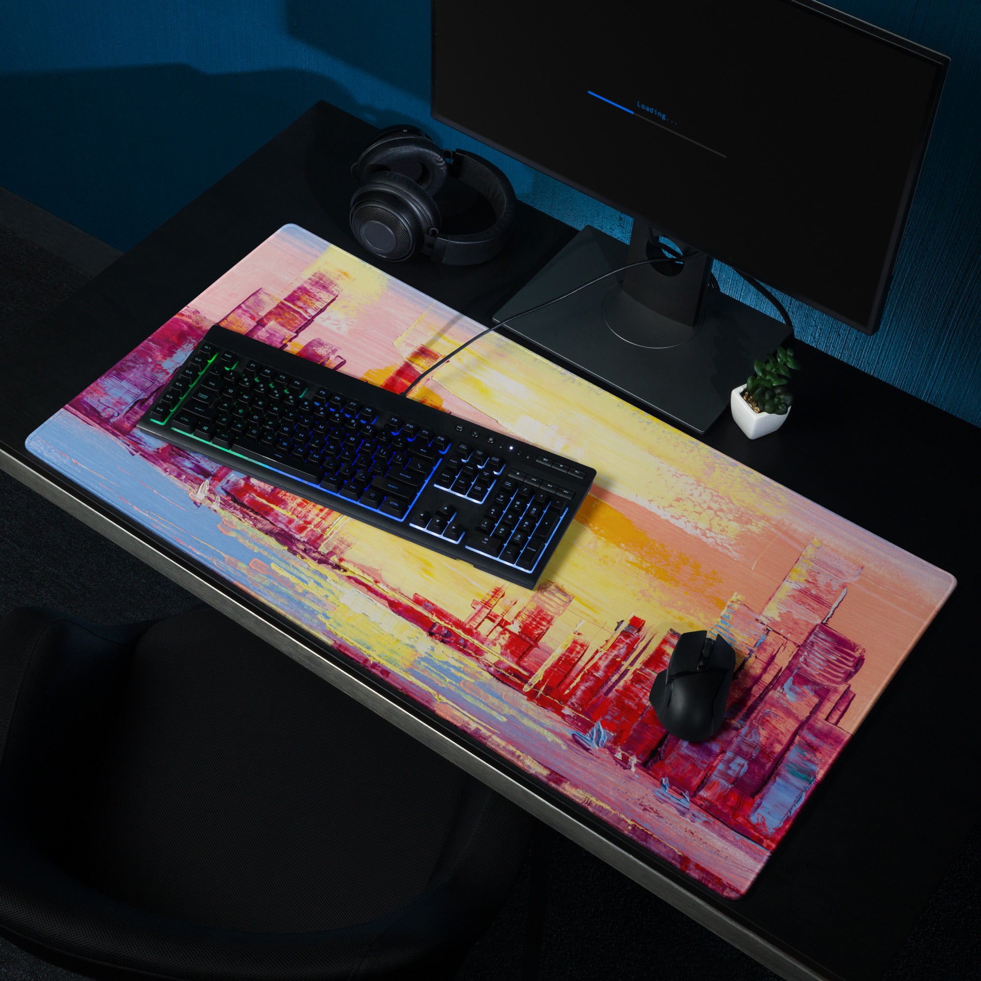 Sunset Cityscape Abstract Mouse Pad - Cityscape Pink Yellow Desk Abstract Mood Vibrant Sunset, Modern Decor, Acrylic