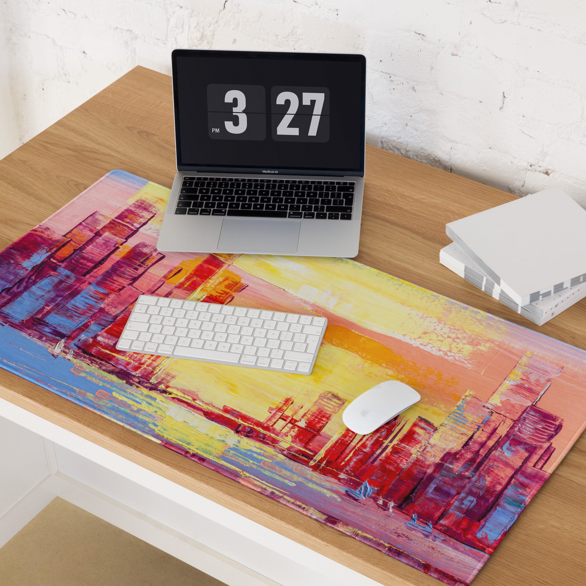 Sunset Cityscape Abstract Mouse Pad - Cityscape Pink Yellow Desk Abstract Mood Vibrant Sunset, Modern Decor, Acrylic