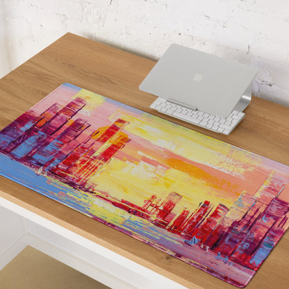 Sunset Cityscape Abstract Mouse Pad - Cityscape Pink Yellow Desk Abstract Mood Vibrant Sunset, Modern Decor, Acrylic