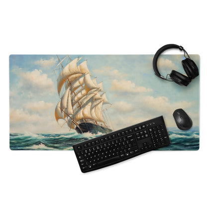 Vintage Maritime Ship Desk Pad - Ship Art Blue White For Home Office Vintage Nautical Mood Coastal Decor Sailboat Oil