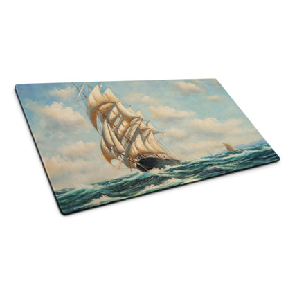 Vintage Maritime Ship Desk Pad - Ship Art Blue White For Home Office Vintage Nautical Mood Coastal Decor Sailboat Oil