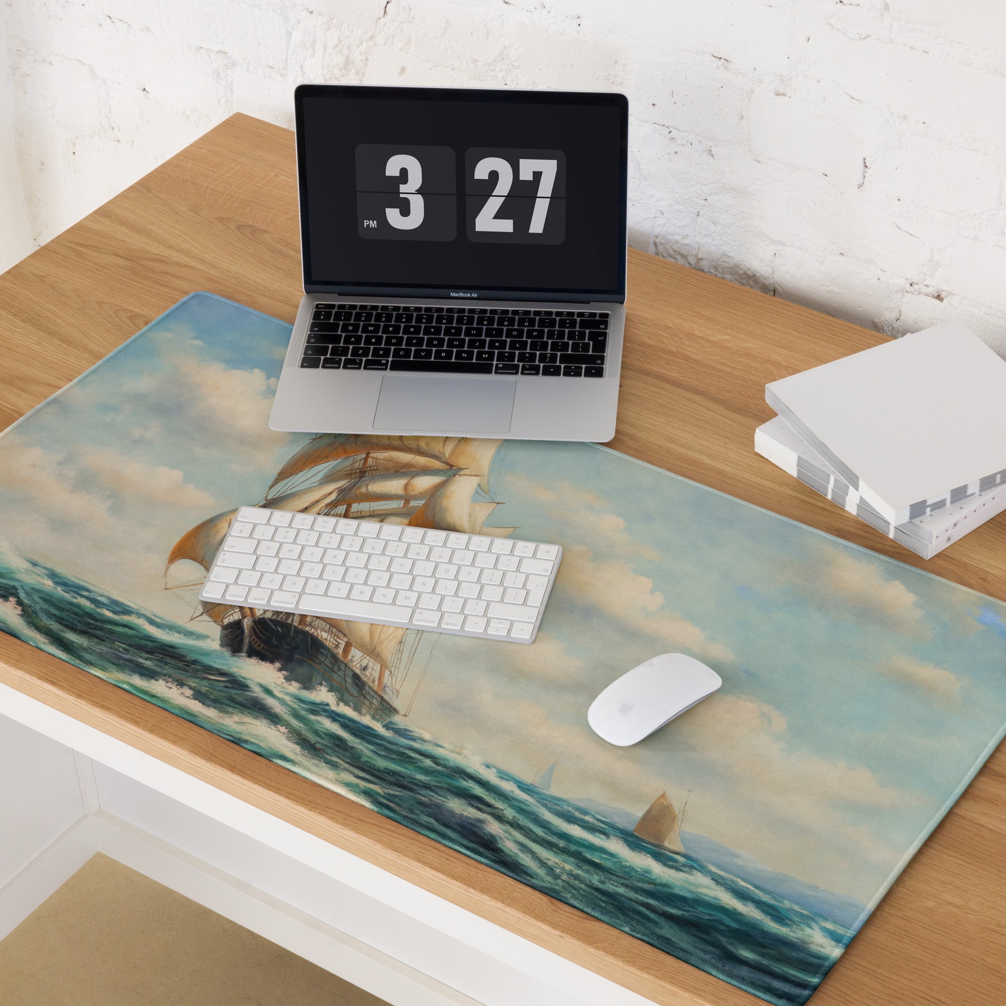 Vintage Maritime Ship Desk Pad - Ship Art Blue White For Home Office Vintage Nautical Mood Coastal Decor Sailboat Oil
