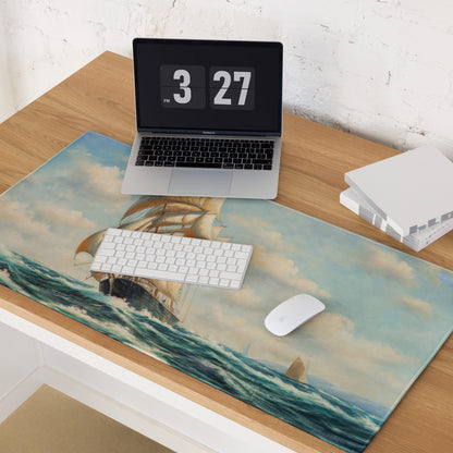 Vintage Maritime Ship Desk Pad - Ship Art Blue White For Home Office Vintage Nautical Mood Coastal Decor Sailboat Oil