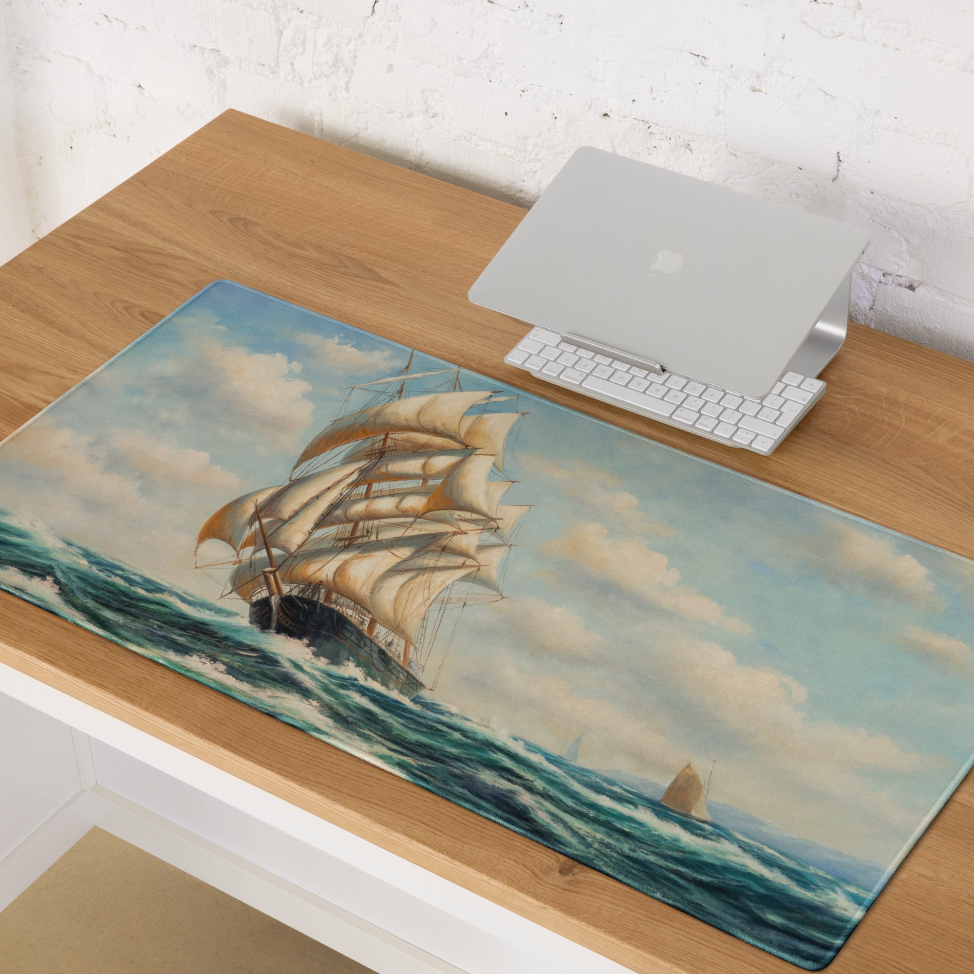 Vintage Maritime Ship Desk Pad - Ship Art Blue White For Home Office Vintage Nautical Mood Coastal Decor Sailboat Oil