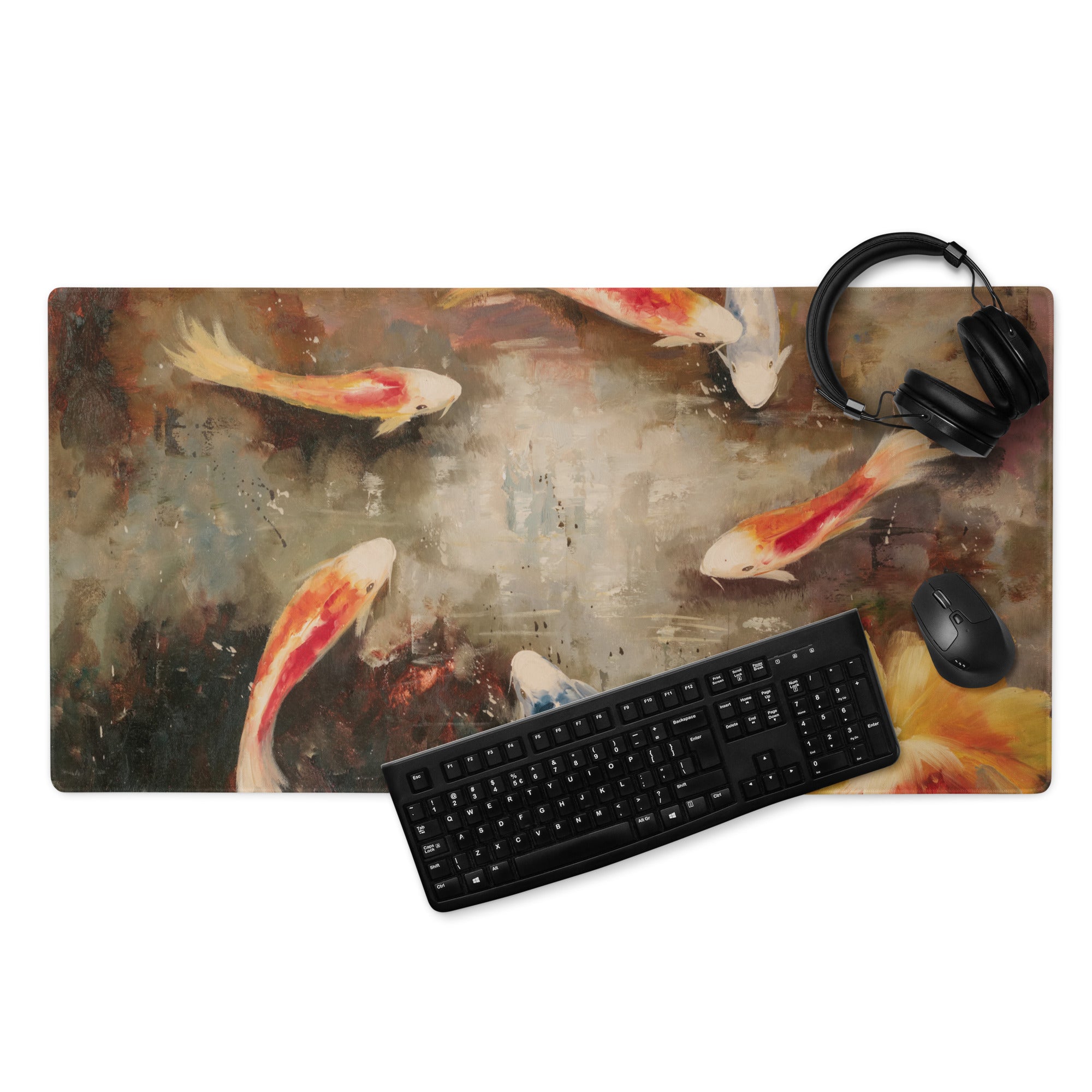 Koi Pond Art Mouse Pad - Koi Painting Orange White Blue Desk Decor Impressionist Calm Elegant Modern Office Desk Pad Oil