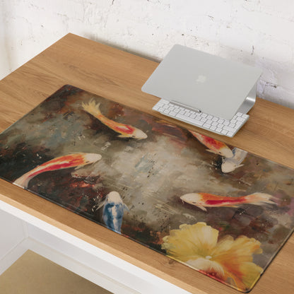 Koi Pond Art Mouse Pad - Koi Painting Orange White Blue Desk Decor Impressionist Calm Elegant Modern Office Desk Pad Oil