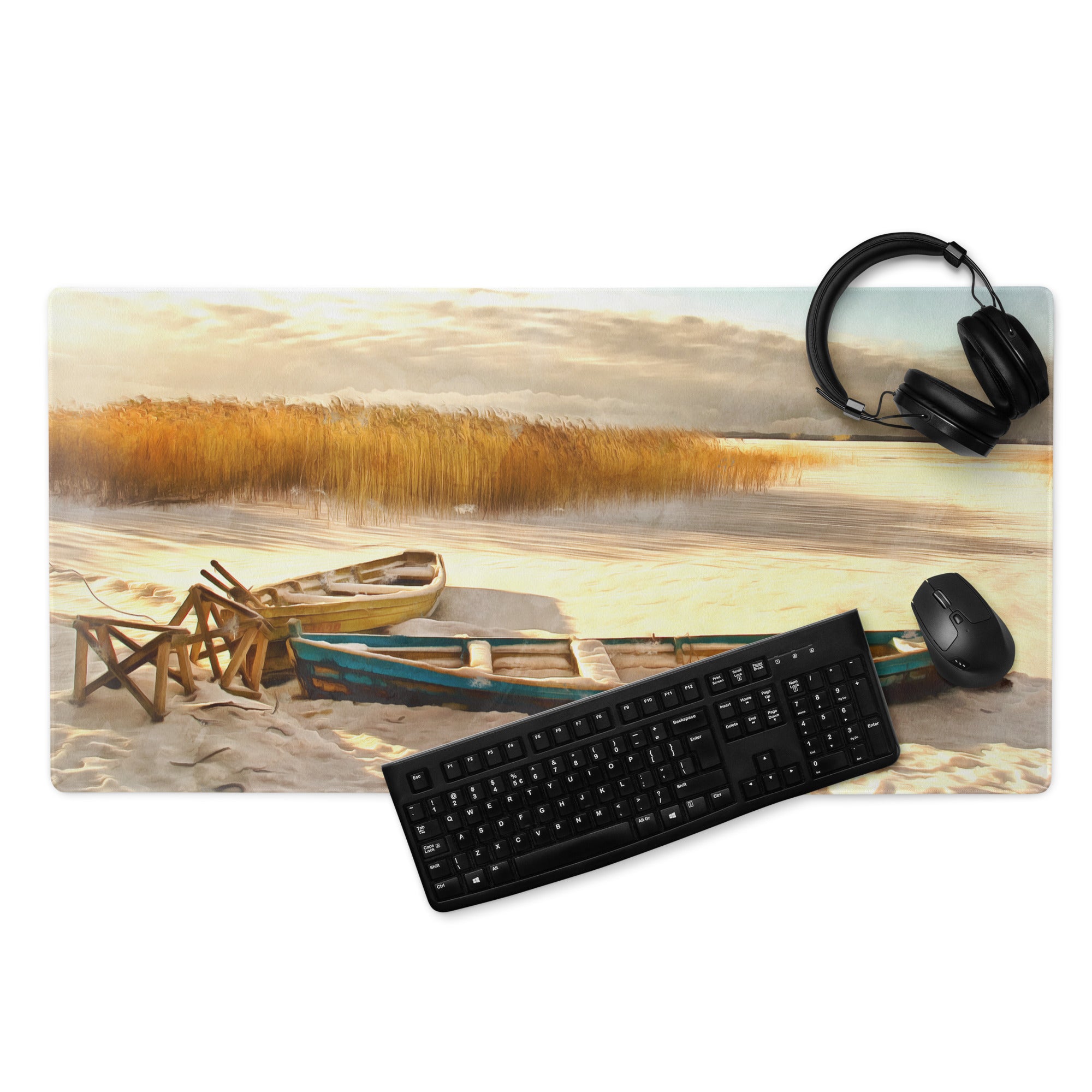 Coastal Boat Landscape Mouse Pad - Coastal Boat Beach Gold Blue Office Style Impressionist Calm Sunset Mood Nautical