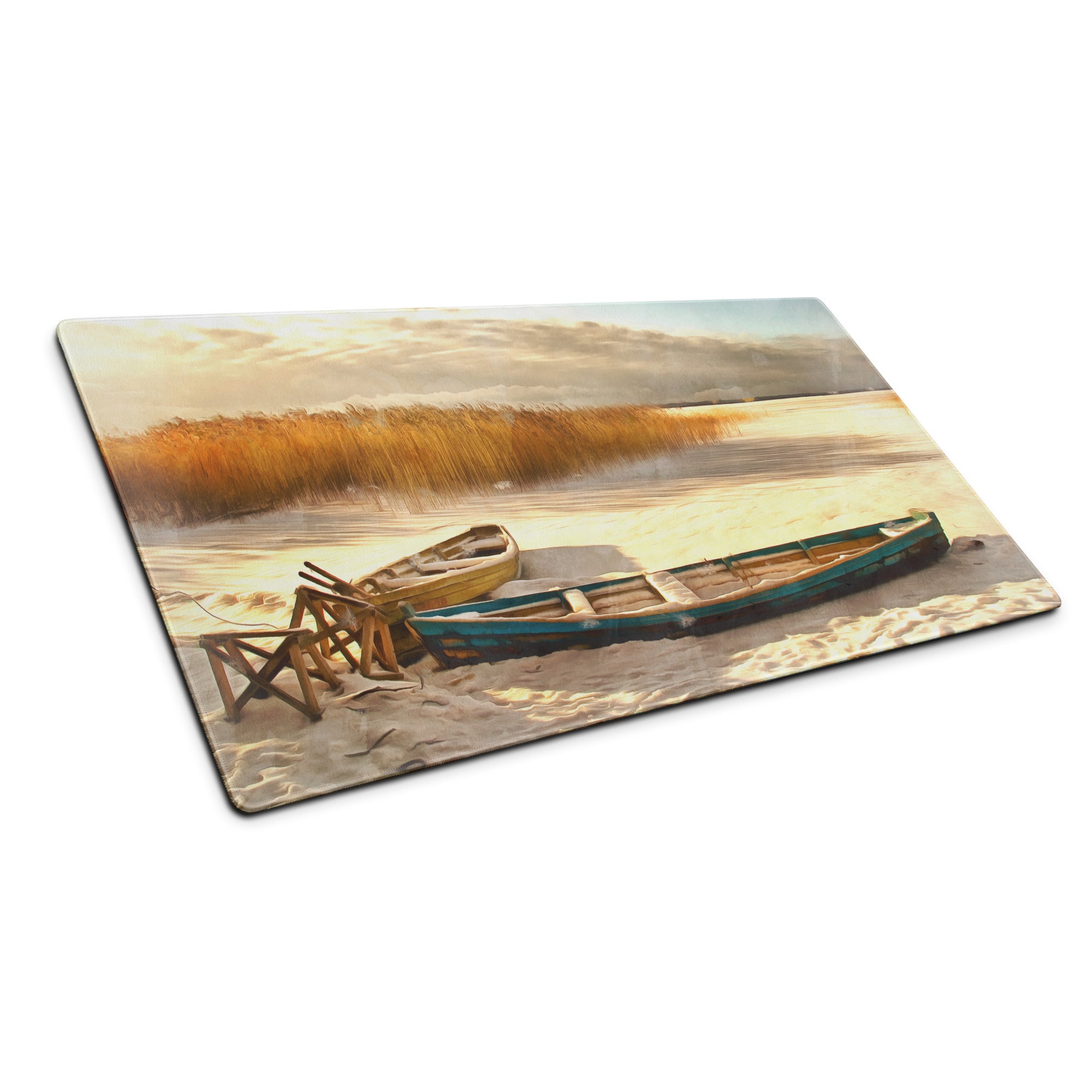Coastal Boat Landscape Mouse Pad - Coastal Boat Beach Gold Blue Office Style Impressionist Calm Sunset Mood Nautical