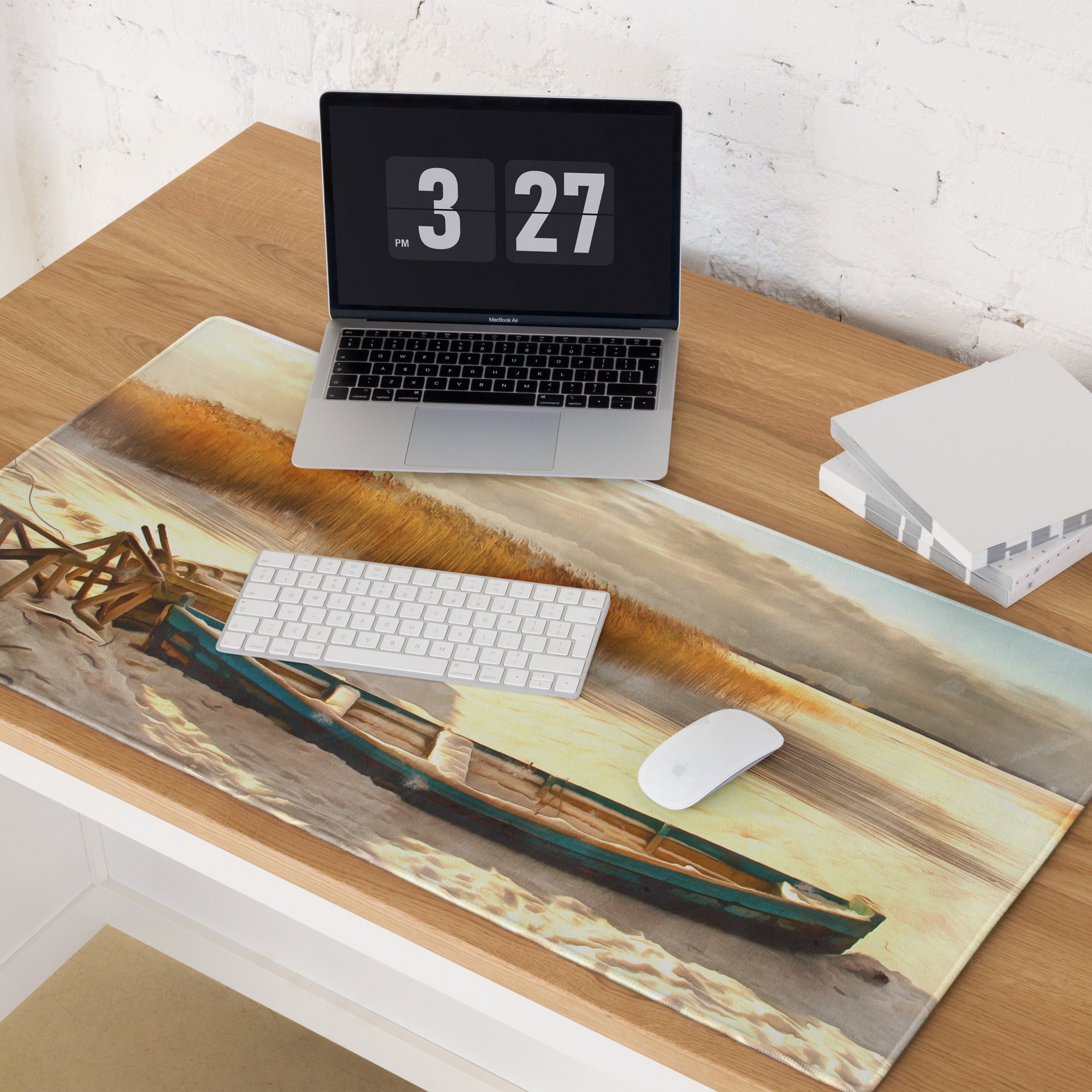 Coastal Boat Landscape Mouse Pad - Coastal Boat Beach Gold Blue Office Style Impressionist Calm Sunset Mood Nautical
