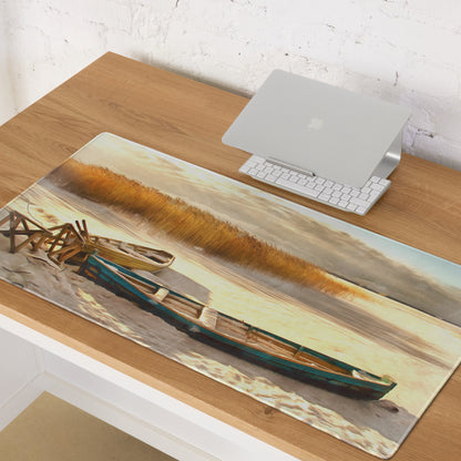 Coastal Boat Landscape Mouse Pad - Coastal Boat Beach Gold Blue Office Style Impressionist Calm Sunset Mood Nautical