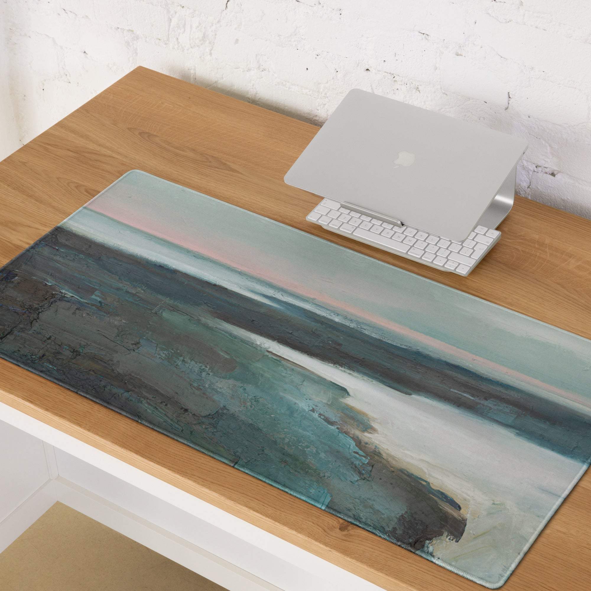 A rectangular rectangular pastel seascape horizon mouse pad with abstract teal gray and soft pink landscape design for gaming
